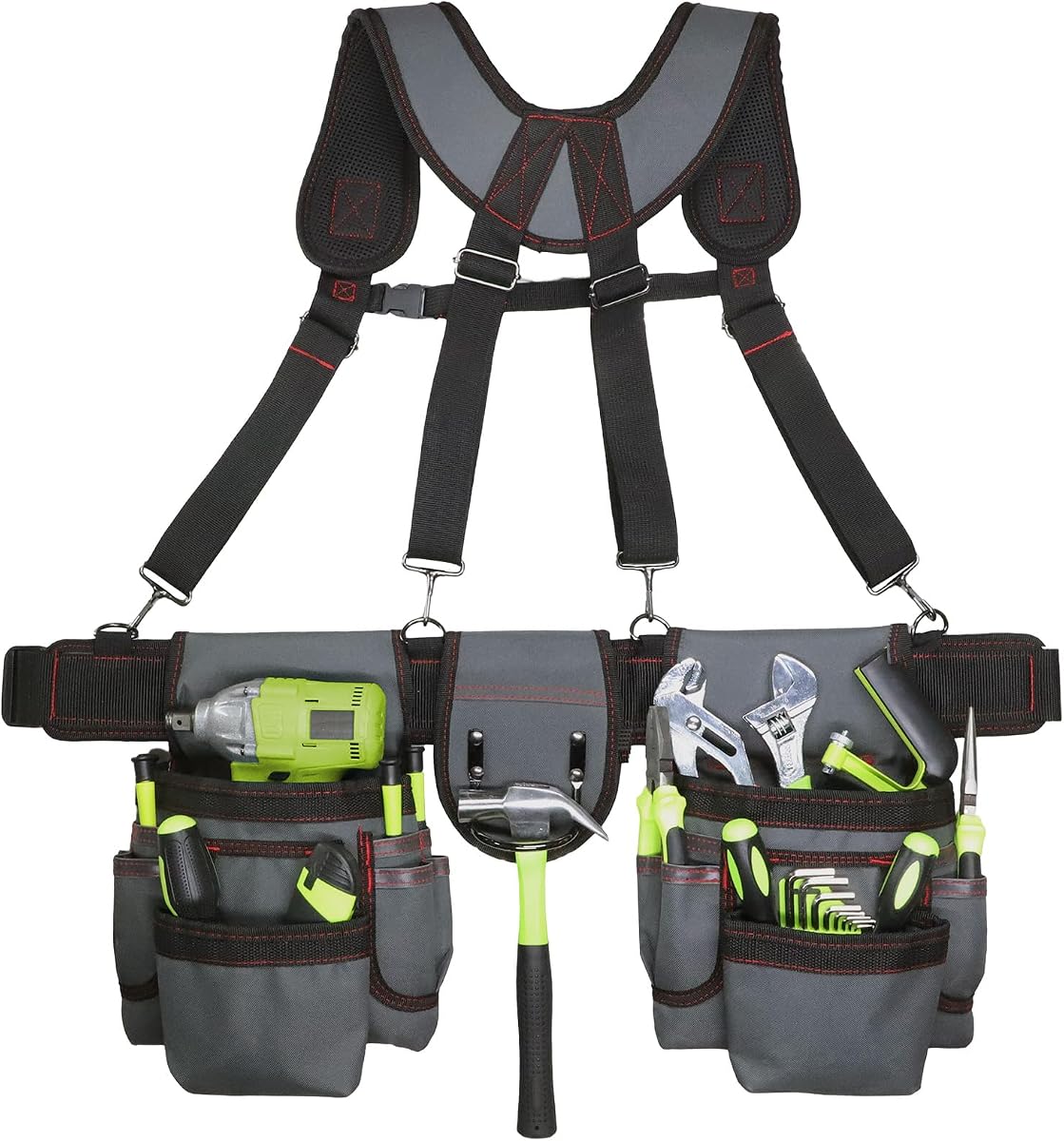 Cinturón de herramientas, cinturones de herramientas para hombres con tirantes | Cintura de 32 a 66 pulgadas, para electricistas, carpinteros, trabajadores de la construcción y jardineros, gris y rojo
