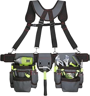 Tool Belt for Men, 32 to 66 Inches Adjustable Waist, Tool Belt with Suspenders for Electricians, Carpenters, Construction Workers and Gardeners, Grey and Red