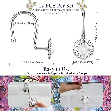 Silver Shower Curtain Hooks Rings, Decorative Shower Curtain Hangers, Heavy Duty Metal Shower Rings, Sunflower Shower Hooks for Shower Curtain Rod and Liner, Bathroom Curtain Hooks, Chrome,