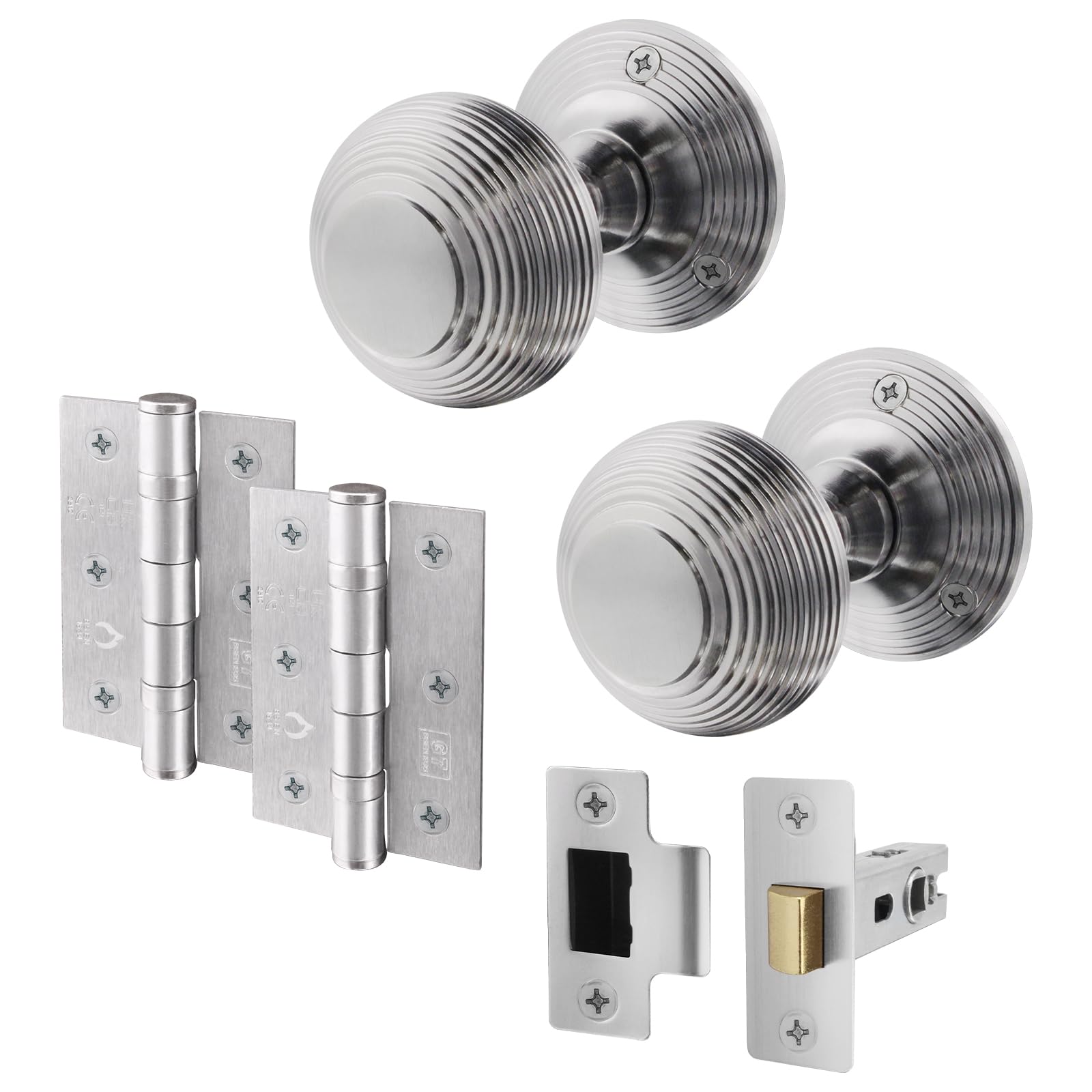 EAI Beehive Door Knob Set Satin Chrome | 1 Pair of Reeded Mortice Knobs (55mm), Latch (76mm) & Hinges (76mm) for Internal Doors — image 1