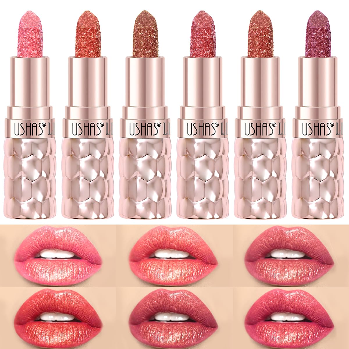 USHAS 6pc Diamond Shimmer Lipstick Set - Dark Red Pink Purple Mauve Glitter Sparkly Glossy Metallic Sparkle Waterproof Lipstick for Women (6 Count (01