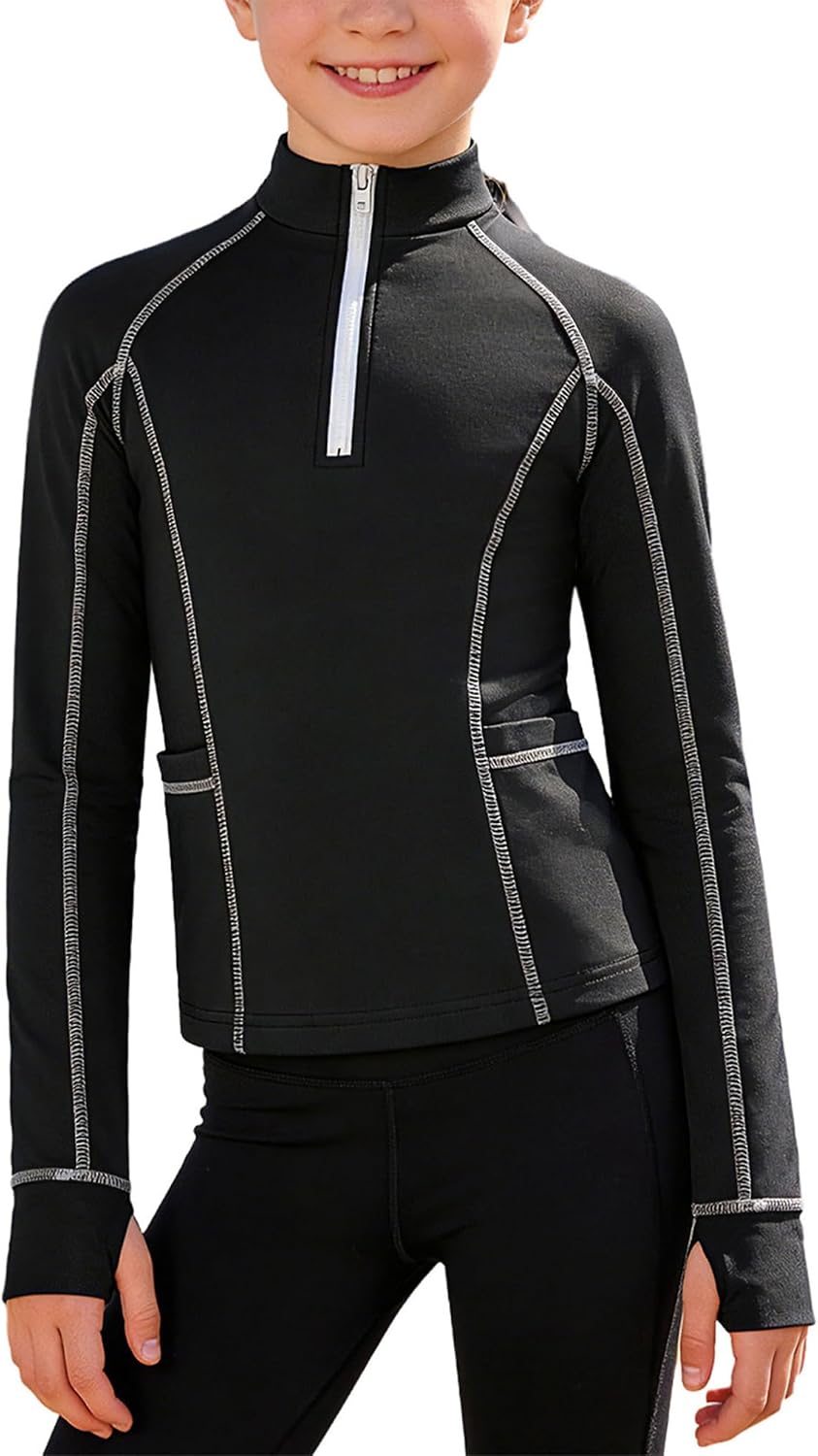 YiZYiF Horse Riding Shirts for Girls Kids Zipper Scrub Workout Jacket Outdoor Hiking Yoga Sports Tops