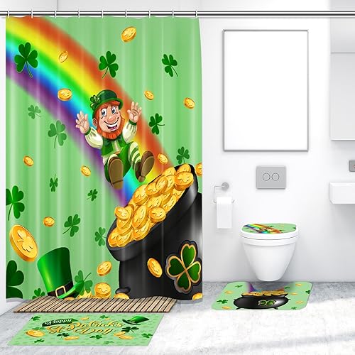 Miniatura 4 de Juego de 4 cortinas de ducha de San Patricio, cortina de baño de la suerte con trébol con 12 ganchos, alfombras de baño antideslizantes, cubierta de