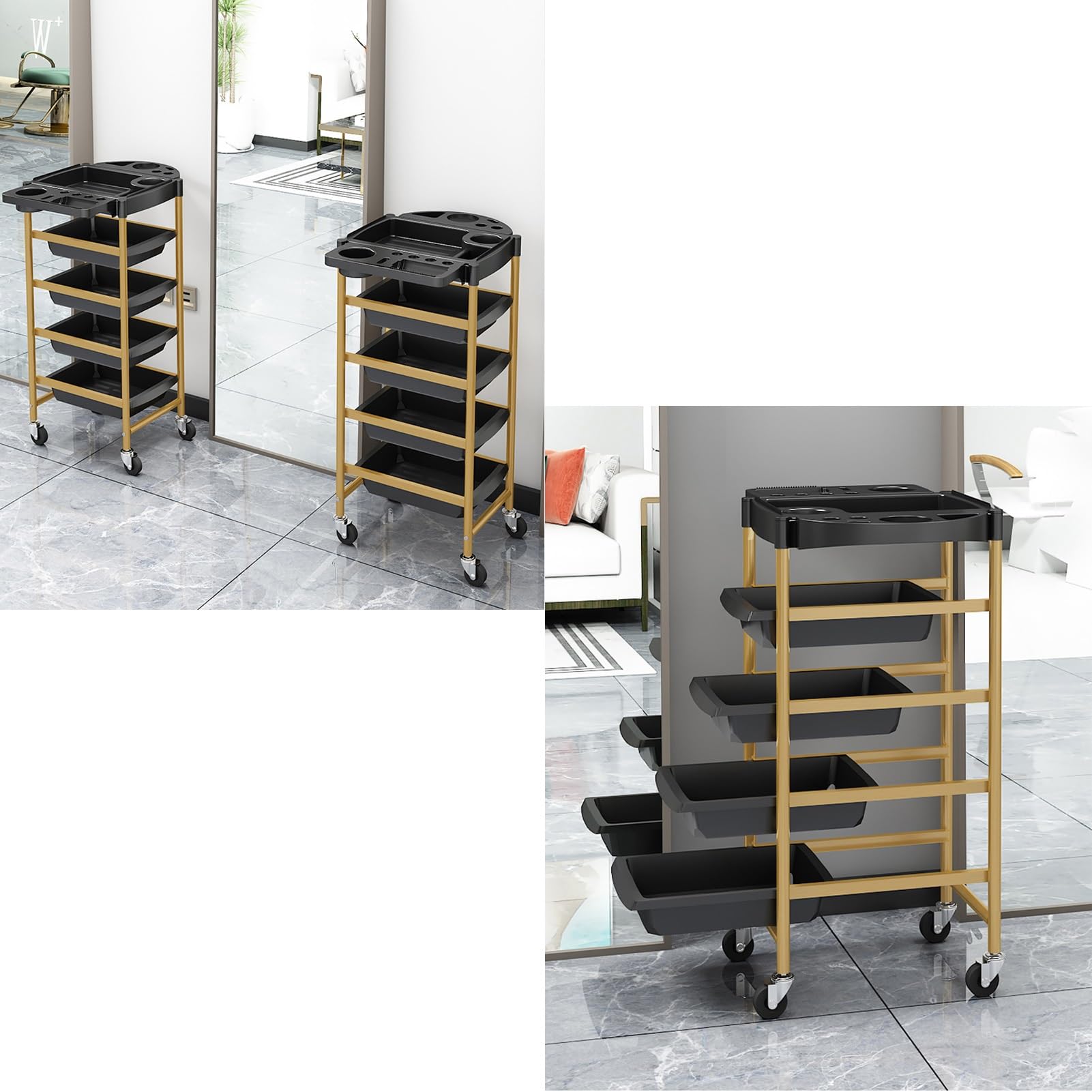 Carrito Peluqueria Carrito Auxiliar con Ruedas 5 Niveles Carrito Organizador Carro Peluqueria con Bandeja Superior Plegable(Gold)