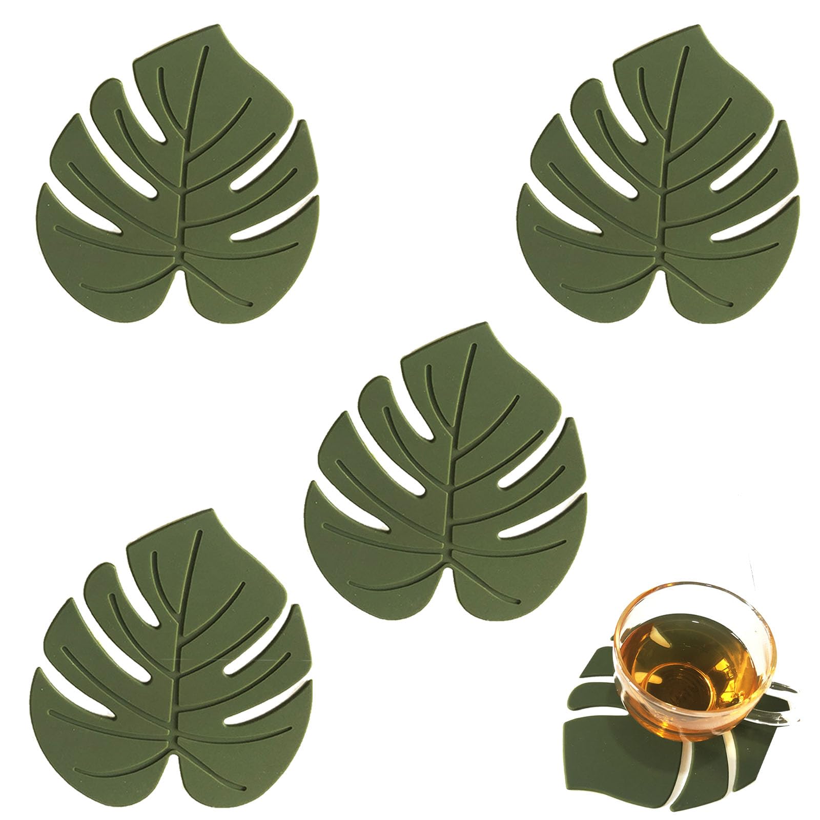 Green Coasters, Silicone Leaf Coasters, 4-Pack, Heat-Resistant for Tables