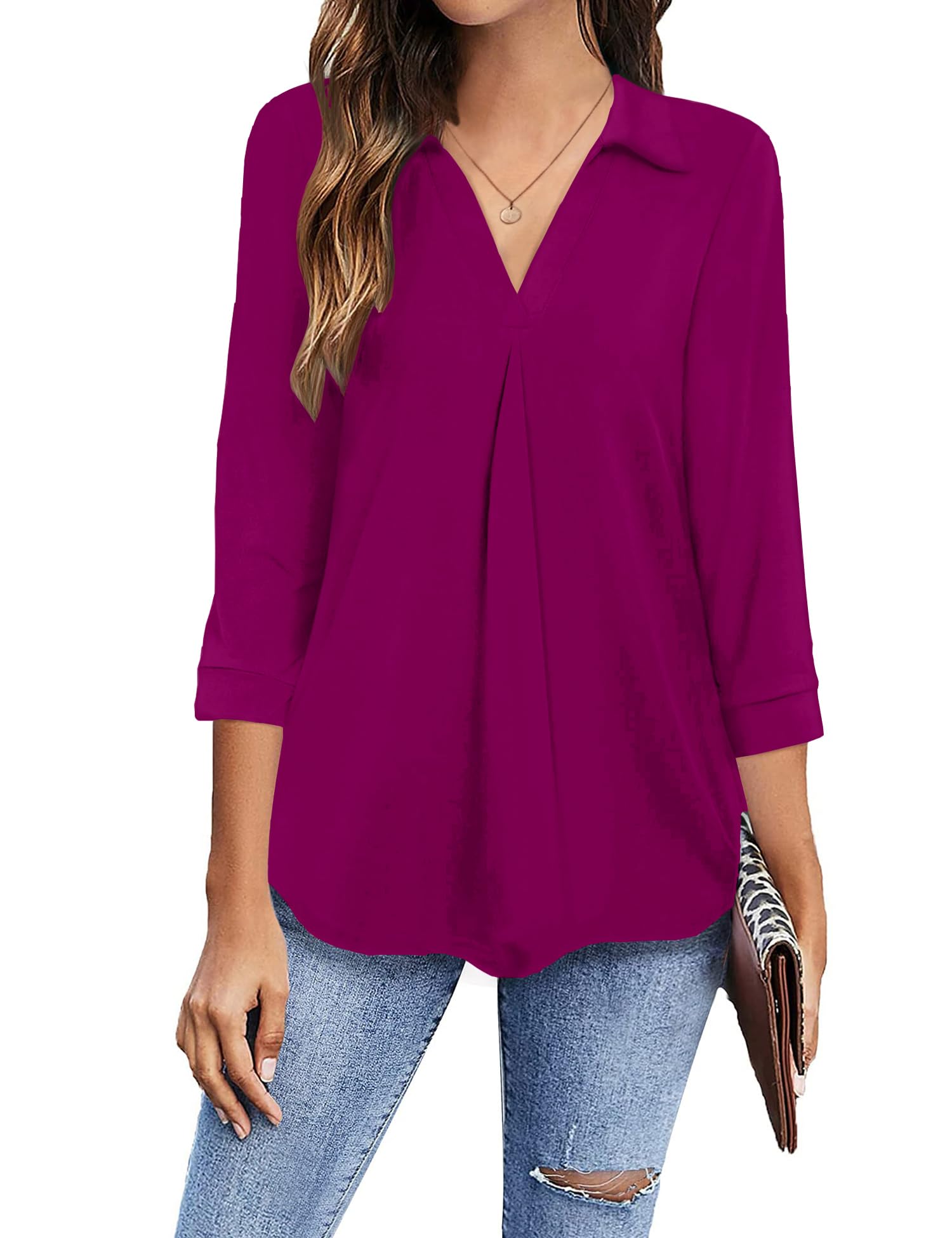 Newchoice Womens Collared V Neck 3/4 Sleeve Shirts Business Casual Tops Loose Work Blouses (S-3XL)