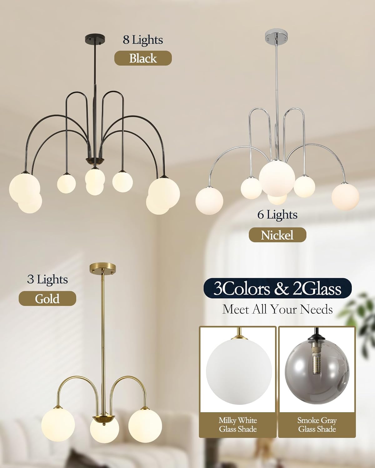 Gold Sputnik Chandelier, 3 Light Mid Century Modern Chandeliers, Dining Room Chandeliers with Milk Glass Globe Shade, Globe Chandelier for Dining Room, Living Room, Bedroom, Foyer, Kitchen