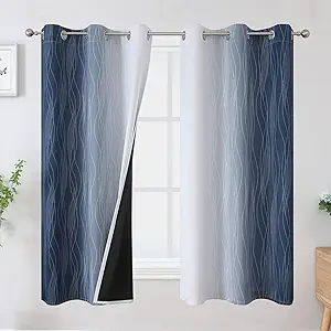 Estelar Textiler Grayish White and Navy Blue Blackout Curtains for Living Room, Ombre Thermal Insulated Noise Reducing Blackout Drapes for Bedroom, Room Darkening Grommet Curtains, 42Wx63L, 2 Panels
