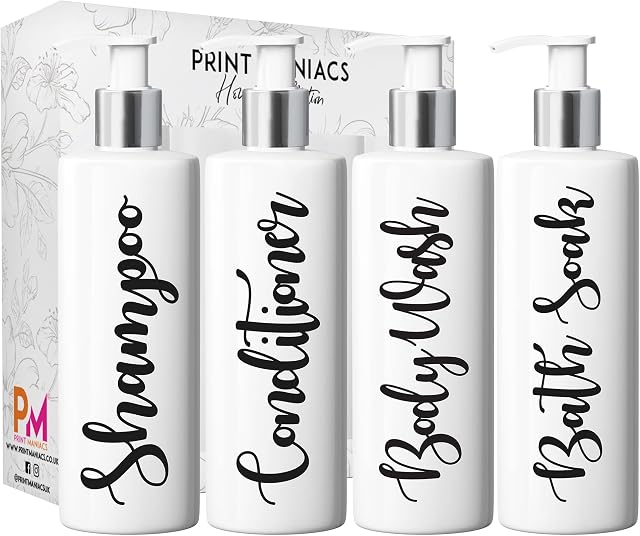 Print Maniacs Mrs Hinch Inspired White Personalised Pump Bottles Bathroom Kitchen Set Shampoo Conditioner (Black)