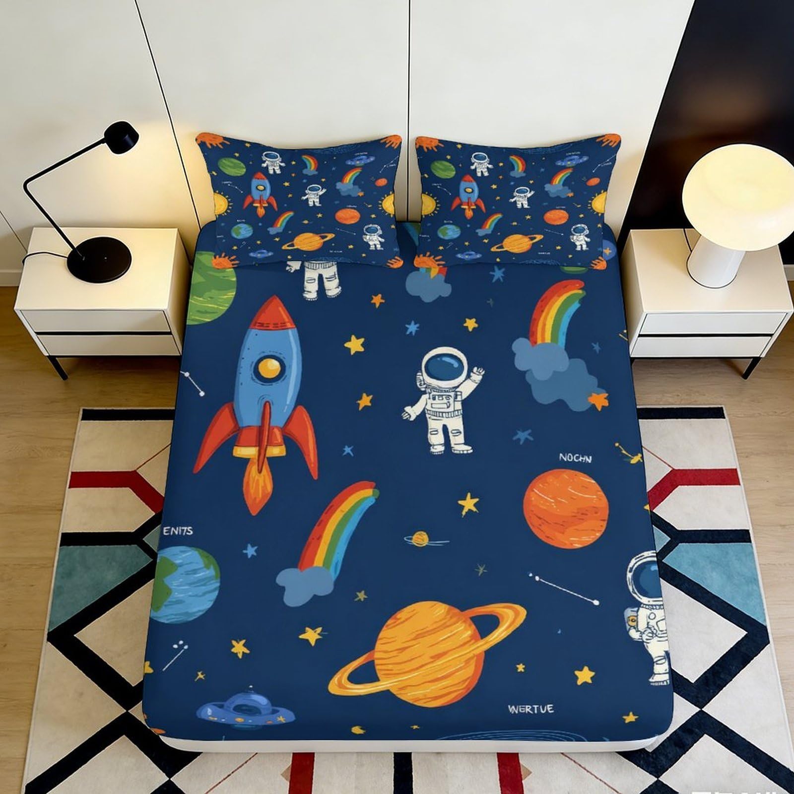 3D Printed Space Rocket Fitted Sheet Microfiber Soft Breathable Astronaut Planet Mattress Cover for Bedroom Dorm Mattress Protection Decor 90x200x25cm