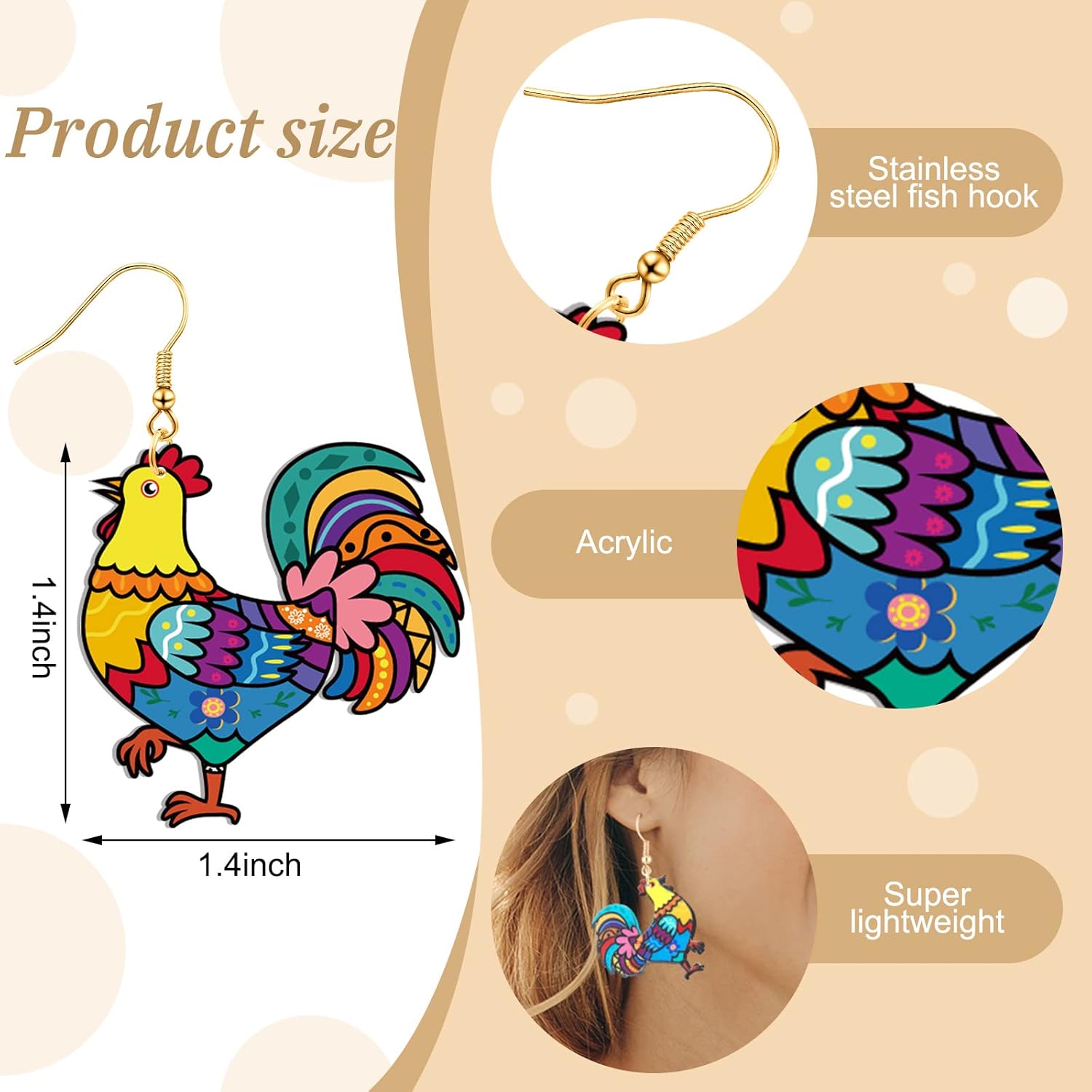 Nosiny 8 Pairs Acrylic Hen Chicken Earrings Lovely Gift for Women Funny Animal Rooster Drop Dangle Earrings Cute Farm Chicken Jewelry for Ladies - Image 2