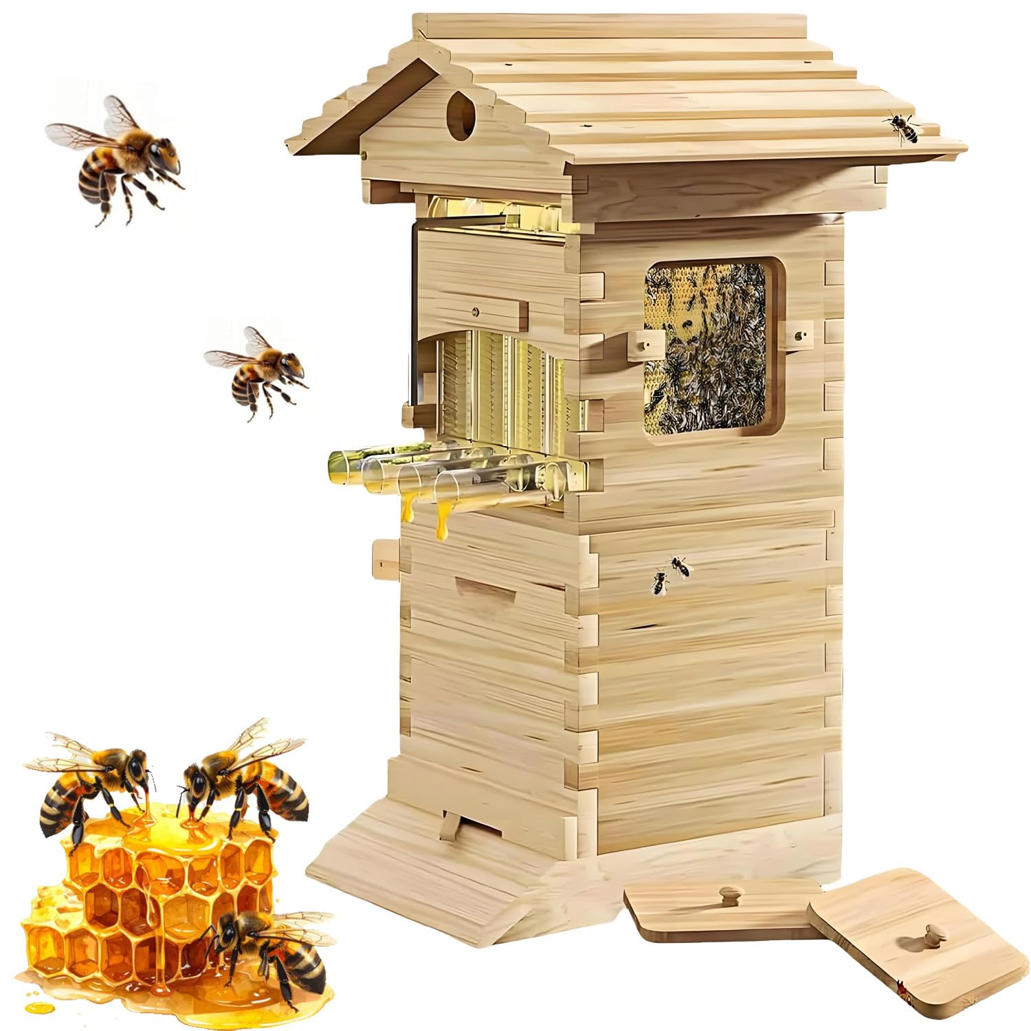 GLBMXDD Beehive Starter Kit, Self-Flow Hive Beehive Starter Kit, Complete Bee Box with Observation Window & Honey Spout, Automatic Honey Harvesting for Garden Pollinators