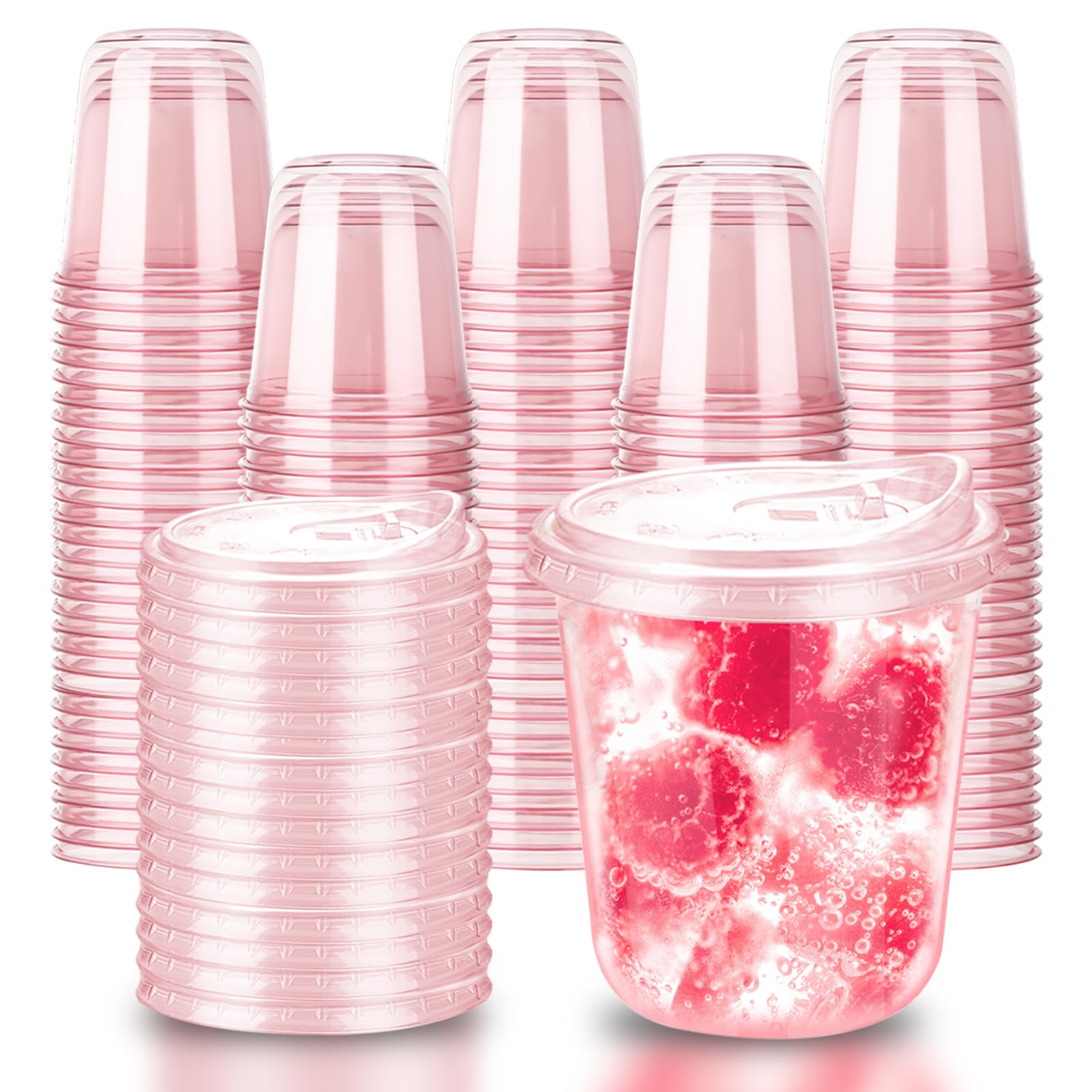 Photo 1 of 12oz Disposable Stemless Glasses With Strawless Sip Lids,PET Disposable Drinking Cups,Clear Plastic Wine Glasses for Parties Birthday,Wedding,Meeting,Christmas Party Supplies. (100, Pink)