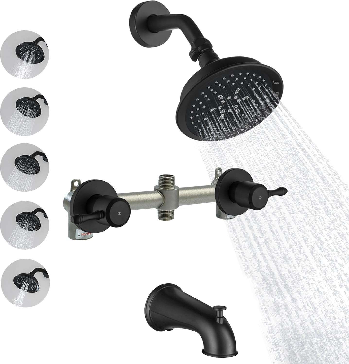 2 Handles Shower Faucet Set with Tub Spout Matte Black Bathtub Shower Faucet Combo Set and Shower Trim Kit Wall Mounted Shower Faucets Sets Complet