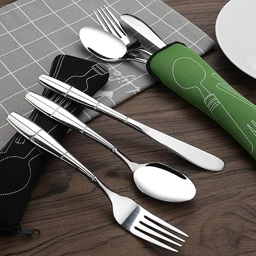 Miniatura 3 de Juego de 2 cubiertos portátiles para acampar con estuche, 6 piezas de acero inoxidable para viajar, cubertería y tenedor