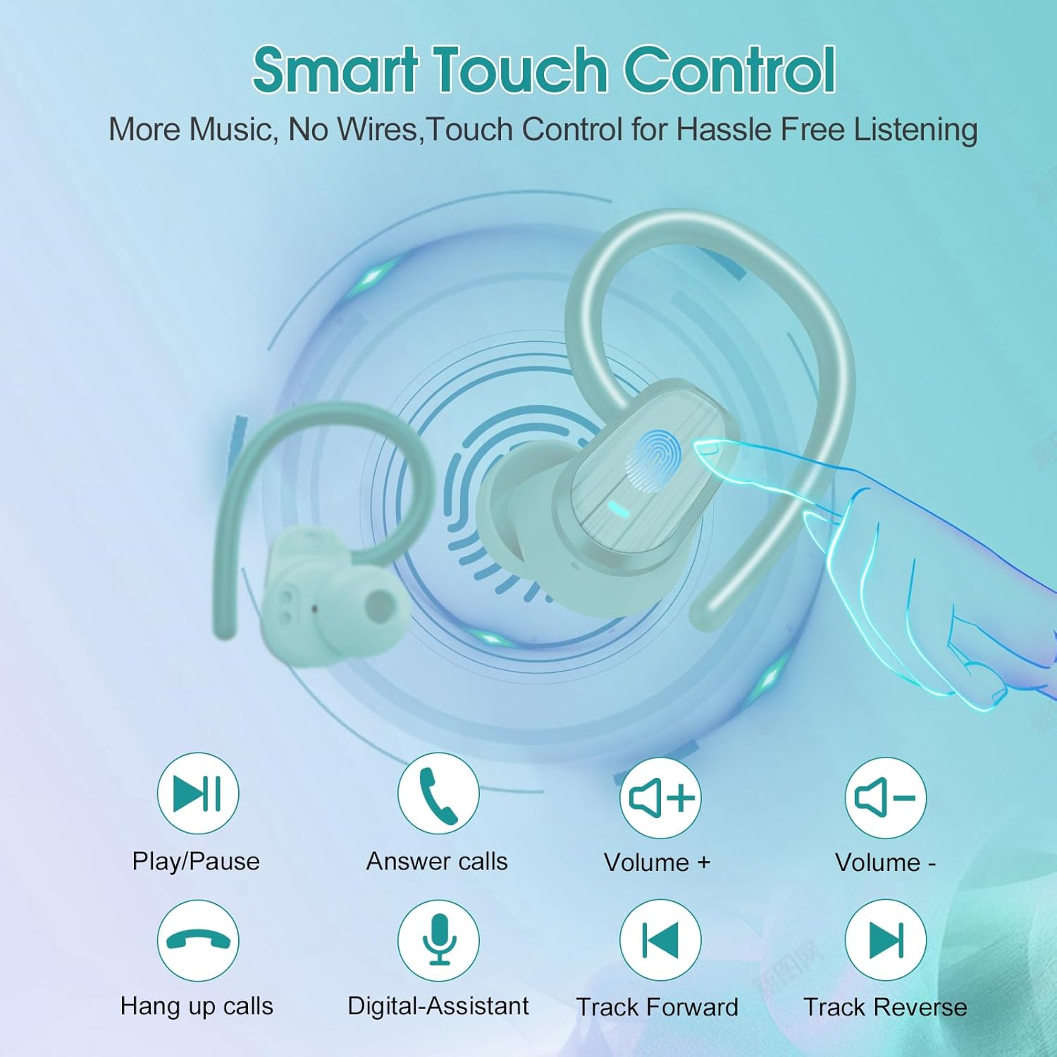 Diagram illustrating the touch control functions on the Jesebang S75 earbud, showing icons for play/pause, answer calls, volume up/down, hang up calls, digital assistant, and track forward/reverse.