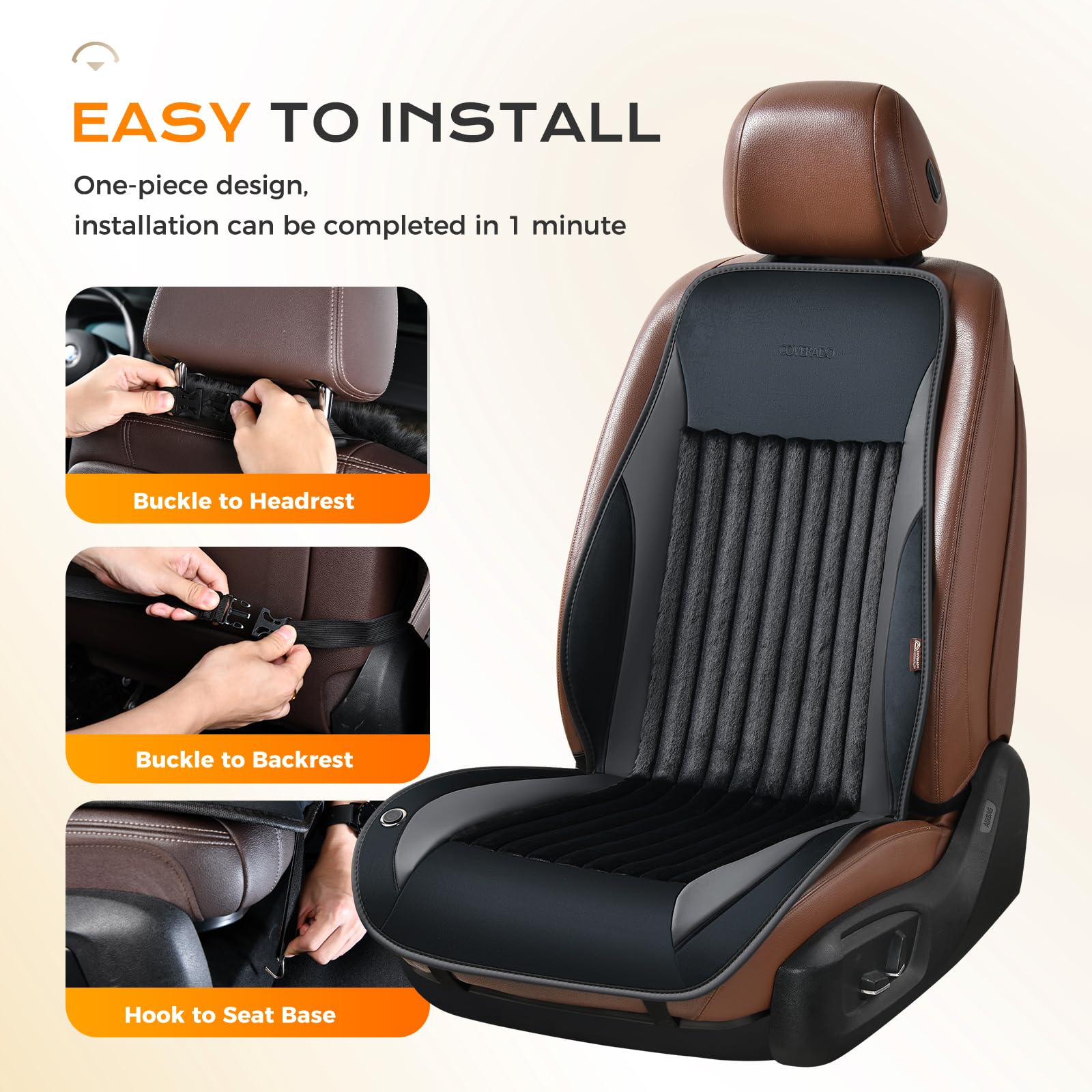 Coverado Winter Car Seat Cushion Comfort Fuzzy Leather Car Seat Protectors No Slip Front Seat Cover Universal Fit — view 3