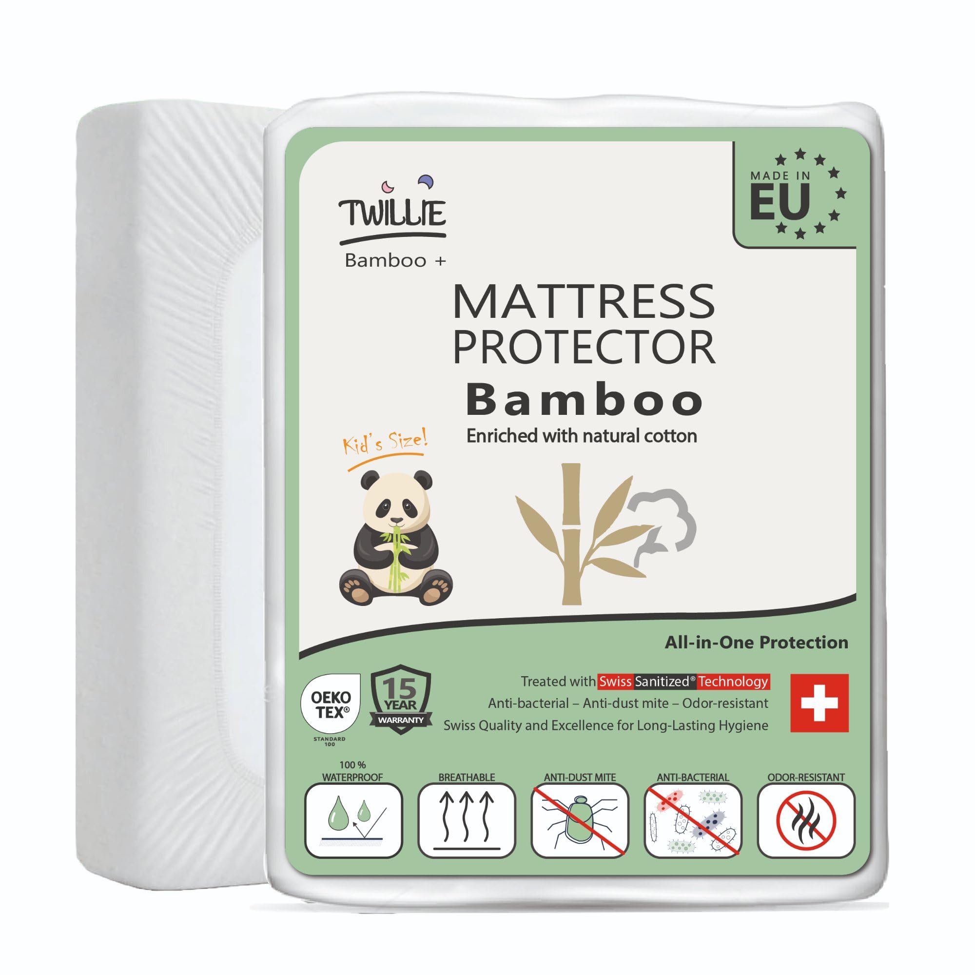 Twillie Bamboo Baby Mattress Protector 80 x 160 cm – Premium Quality – Waterproof & Breathable Mattress Protector Enriched with Natural Cotton – Swiss Sanitized Treatment Anti-Dust Mite, Antibacterial
