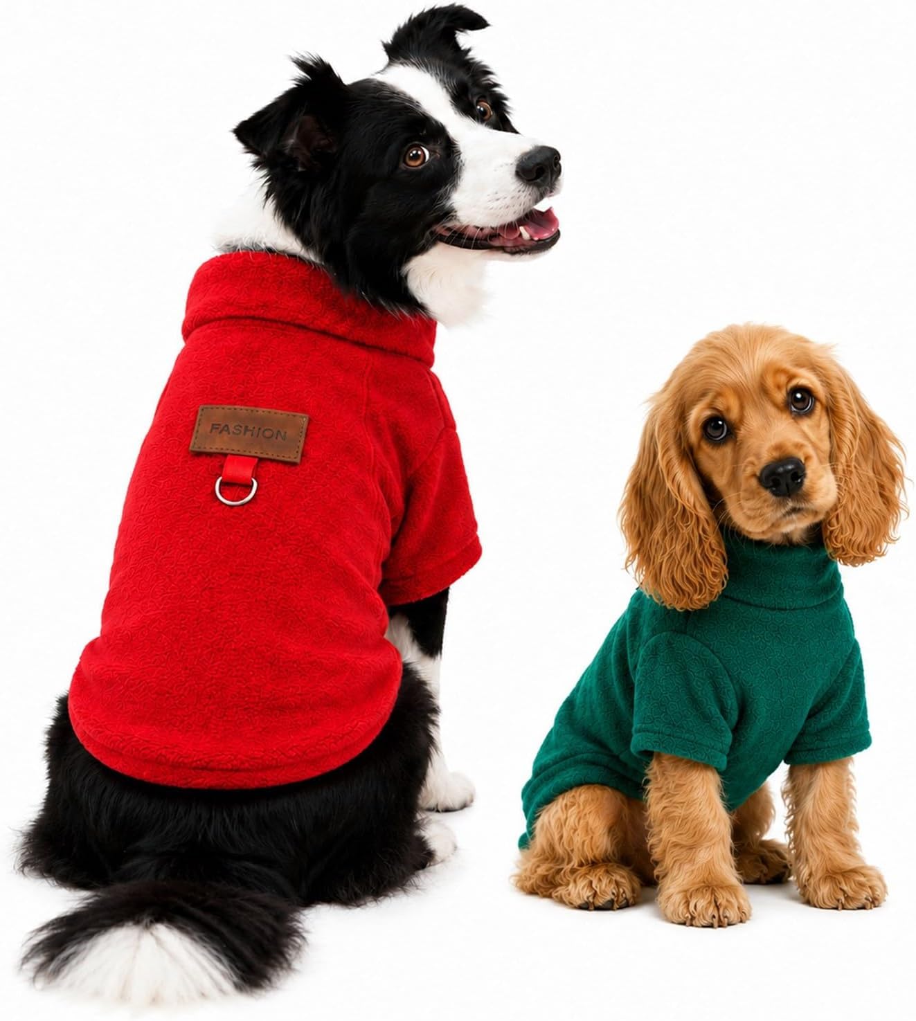 NWDEY 2 Pack Dog Fleece Jumper with Leash Ring - Warm Soft Polar Fleece Dog Sweater with Sleeves for Puppy Small Medium Large Dogs,Red+Green：L(Chest:15.75")