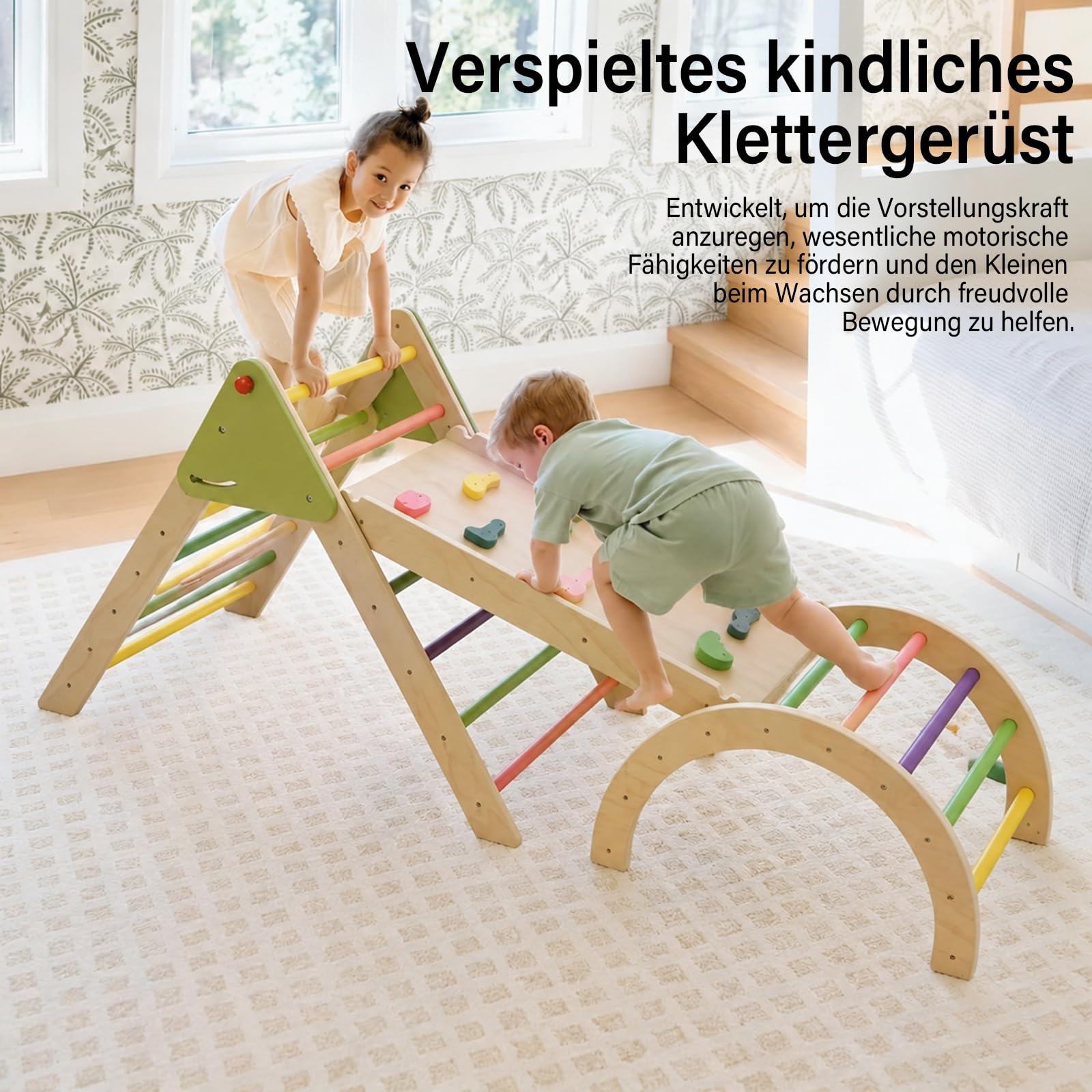 Klettergerüst Indoor Spielset 7-in-1 Klettergerüst mit Rutsche,Bogen für Kleinkinder und Kinder