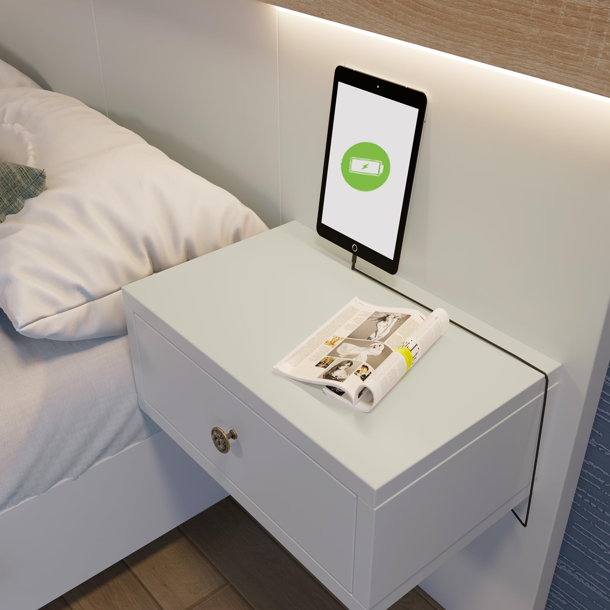 Doppelbett Bettanlage mit 2 LED Nachtkommoden& USB C Steckdose 180 x 200 cm Holzbett inkl. 2 Nachttischen Schlafzimmer Komplett-205x284x90.5 cm(T/B/H) Set in Eiche Sonoma/Weiß(Ohne Matratze)