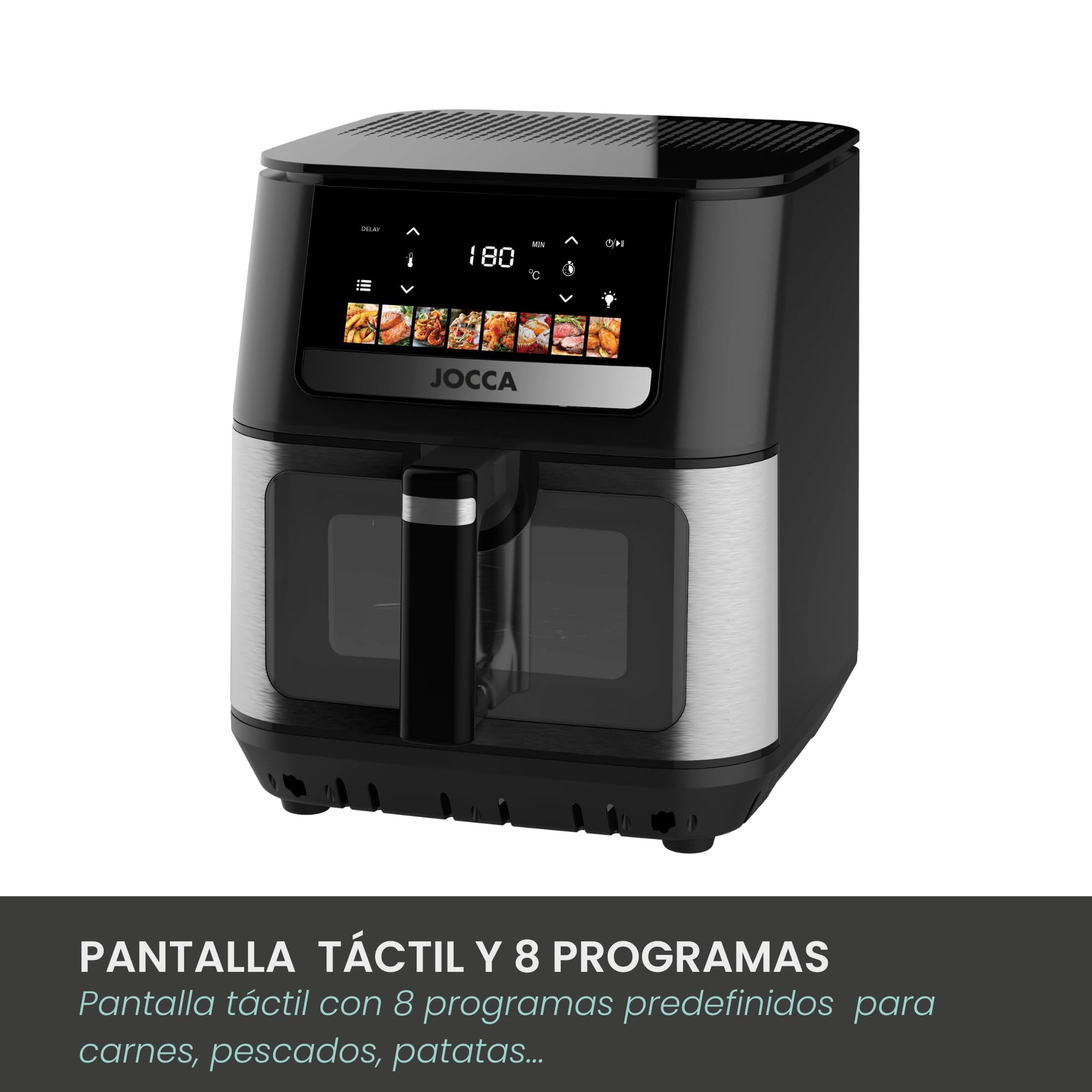 Jocca - Freidora de Aire Jocca 9L con Doble Resistencia, 8 Programas, 200°C, 2000W, Cesta Antiadherente Extraíble, Ventana Visible, Panel Táctil