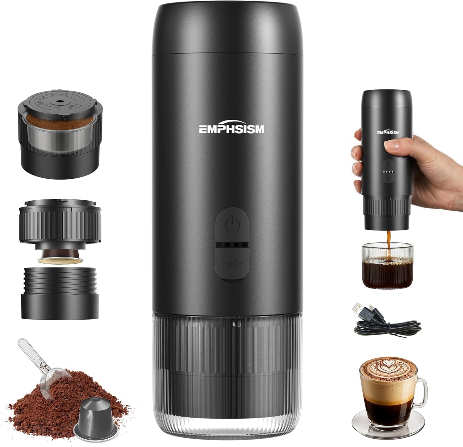 Mini macchina da caffè espresso portatile per capsule e caffè macinato – Mini macchina da caffè con batteria per viaggio, campeggio, ufficio, camper, macchina da espresso 20 bar da portare con sé con