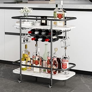 Benoss Black Home Bar Cart on Wheels, Mobile Serving Wine Cart with Glass Holder and Wine Rack, Modern Rolling Drink Trolley for Coffee Tea Wine, Beverage Bar Cart for Dinning Room Kitchen Party Black