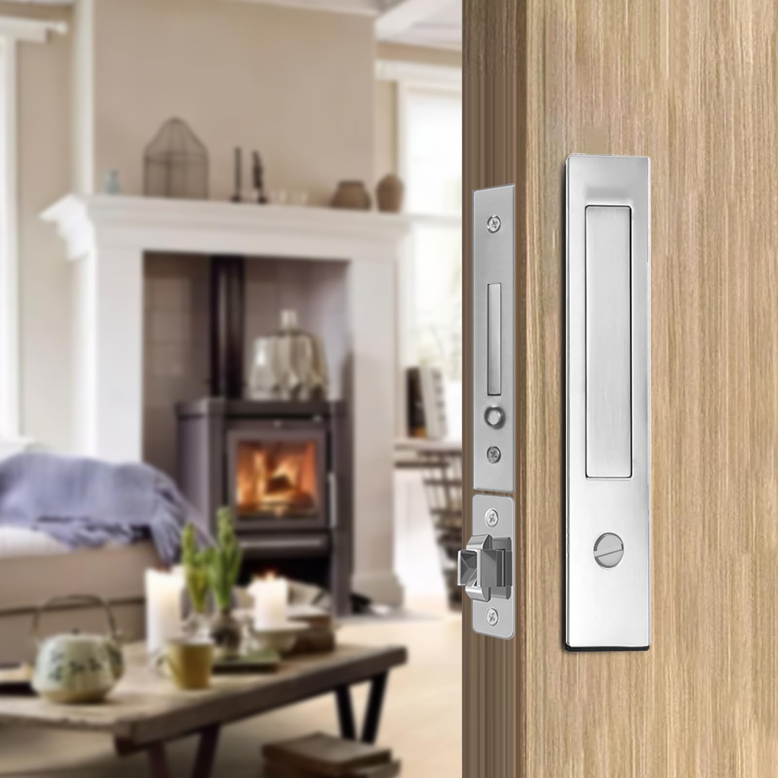 Pocket Door Locks, Edge pulls, Hidden Handles, Pocket Door Hardware, Sliding Door Locks, Sliding Door Hardware, for Doors 1 5/12" to 2 2/8" Thick (Silver)