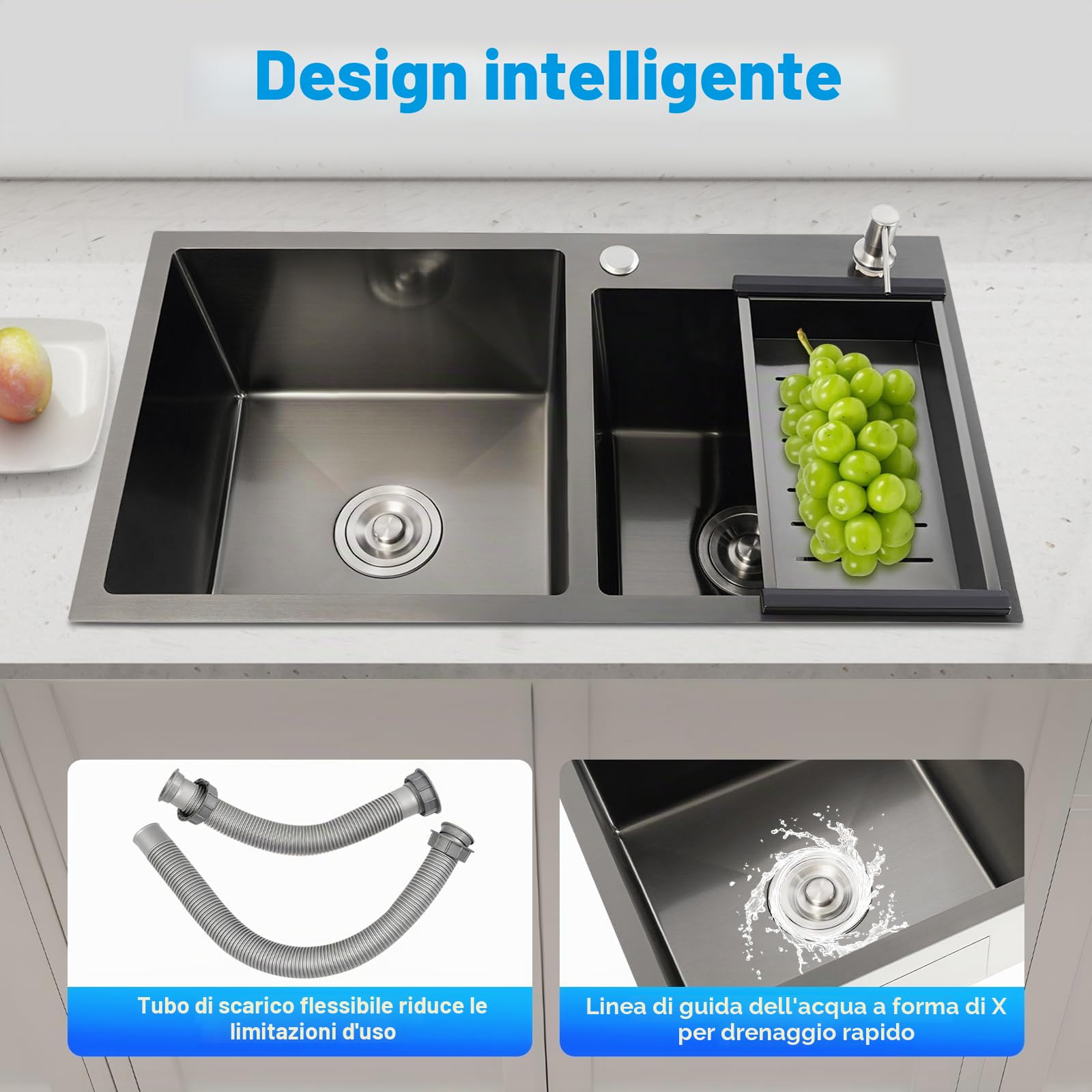 Lavello da cucina indipendente, 2 vasche in acciaio inox, 78 x 43 x 22 cm, in acciaio inox, con dispenser di sapone, per cucina e ristoranti