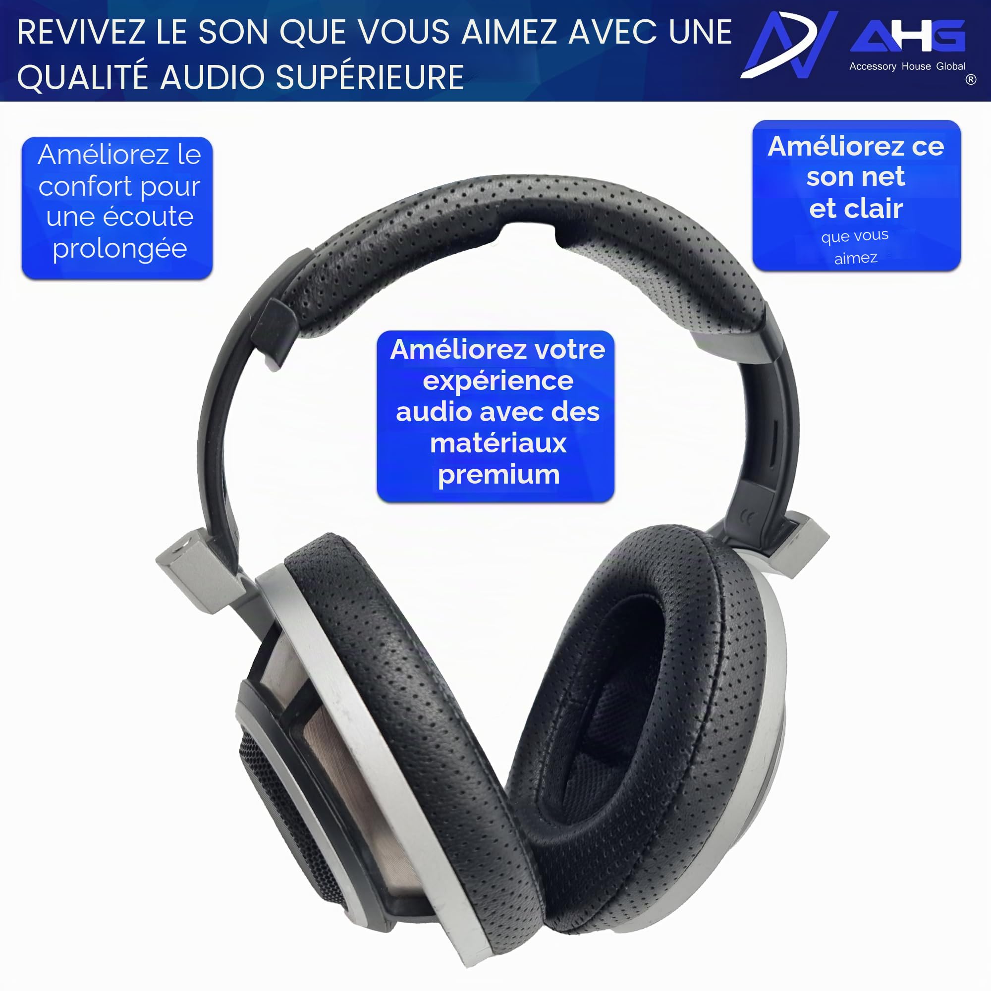 AHG Premium HD 8XX / HD 800S / HD 800 Coussinets Oreillettes et Bandeau Compatible avec Casque Sennheiser HD800 / Sennheiser HD800S et Drop HD 8XX Peau de Mouton Perforée/Mousse Haute Densité