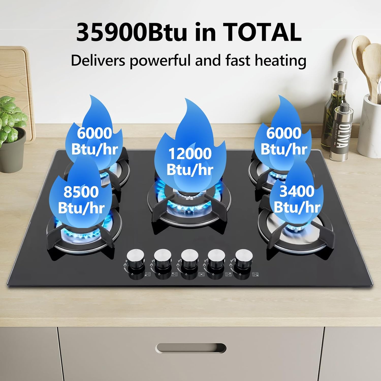 Gas Cooktop 30 Inch 5 Burners, Propane Natural Gas Convertible Gas Stove Top, 35,900BTU Glass Gas Hob Built-in or Countertop Stove for Outdoor Indoor Cooking in Kitchen, RV, Camping