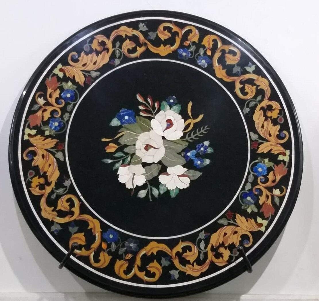 18" inch Marble Black Inlay Coffee Table Pietra Dura Side Coffee End Table Home Decor Furniture,Gemstones Living Home Decor Mosaic Table Top