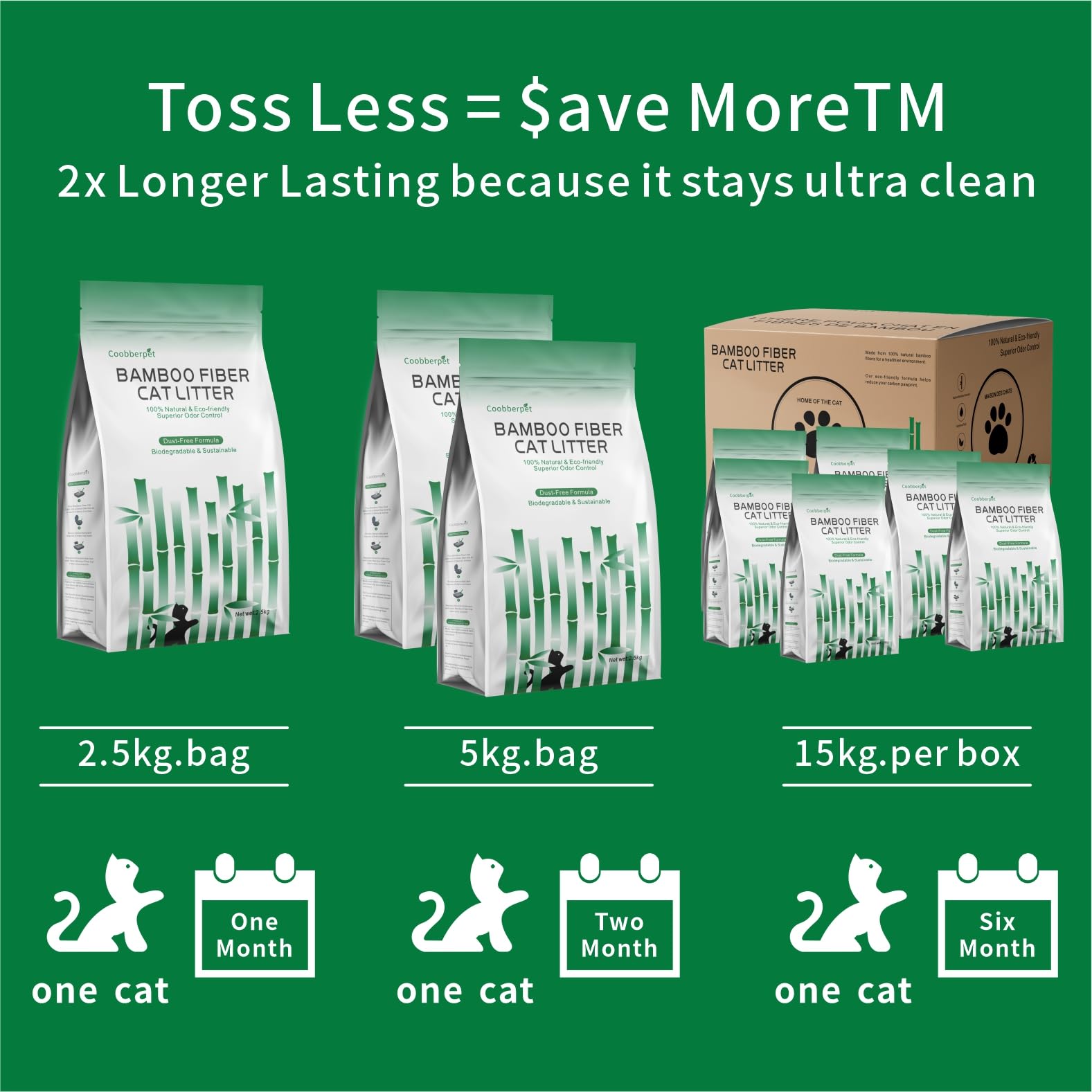 Arena para gatos de fibra de bambú, 100% natural y ecológica, control de olores superior, fórmula sin polvo, biodegradable y sostenible (1 bolsa)