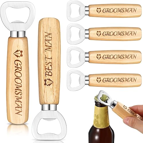 6 piezas de abrebotellas de boda de madera para padrinos de boda, abrebotellas de padrinos de boda, juego de 6 abridores de tapas para recuerdos de
