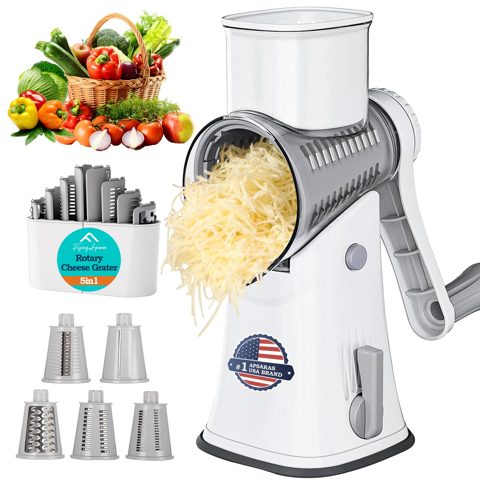 APSARAS USA - Rallador de queso con manivela, rallador giratorio 5 en 1, cuchillas de acero inoxidable reemplazables con base de succión fuerte, utensilios de cocina fáciles de limpiar con caja de