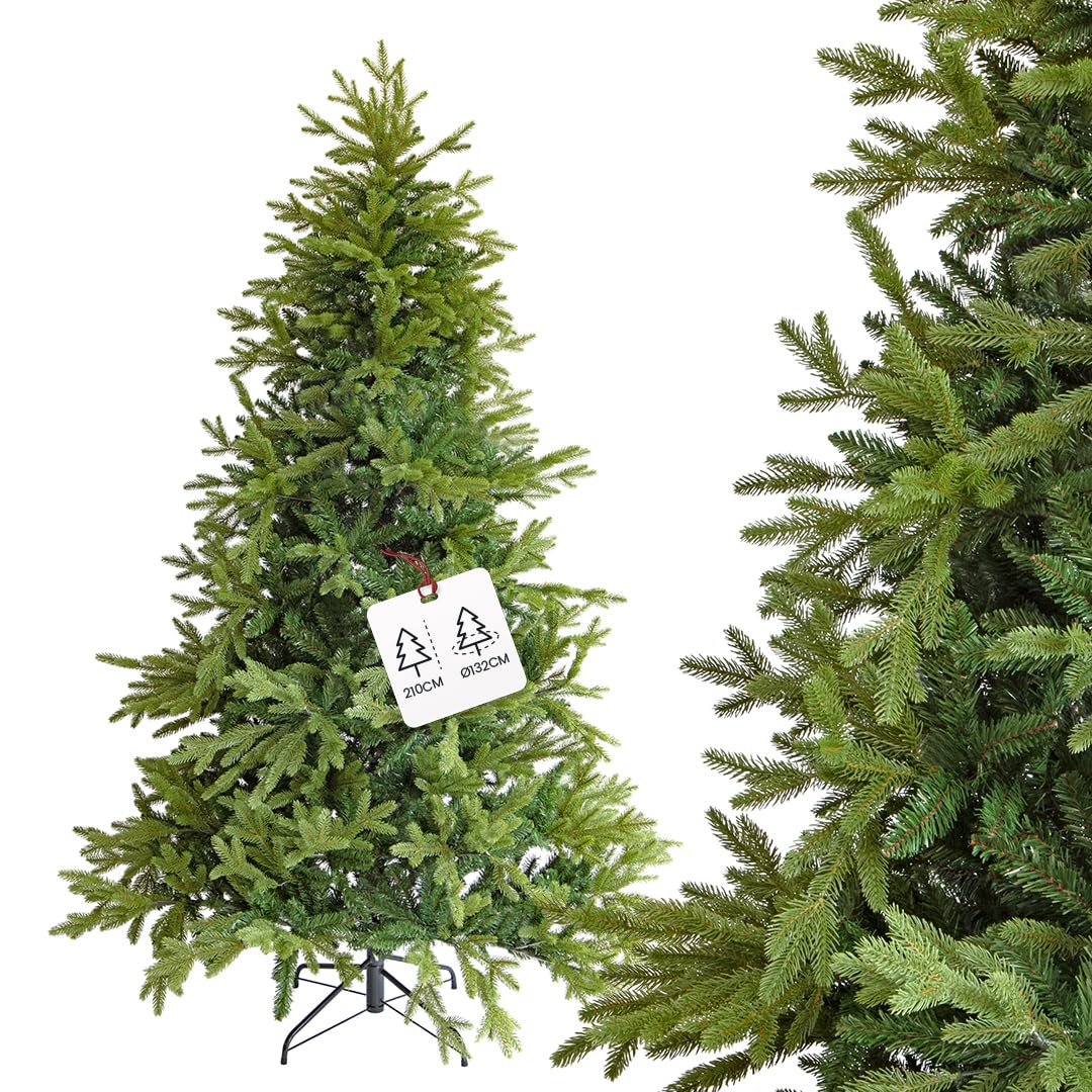 Albero di Natale Extra Folto e Realistico, Naturale in PVC di Alta Qualità, Facile da Montare con Base Stabile, 1372 Rami Fitti per Decorazioni Natalizie di Grande Impatto, 210 cm