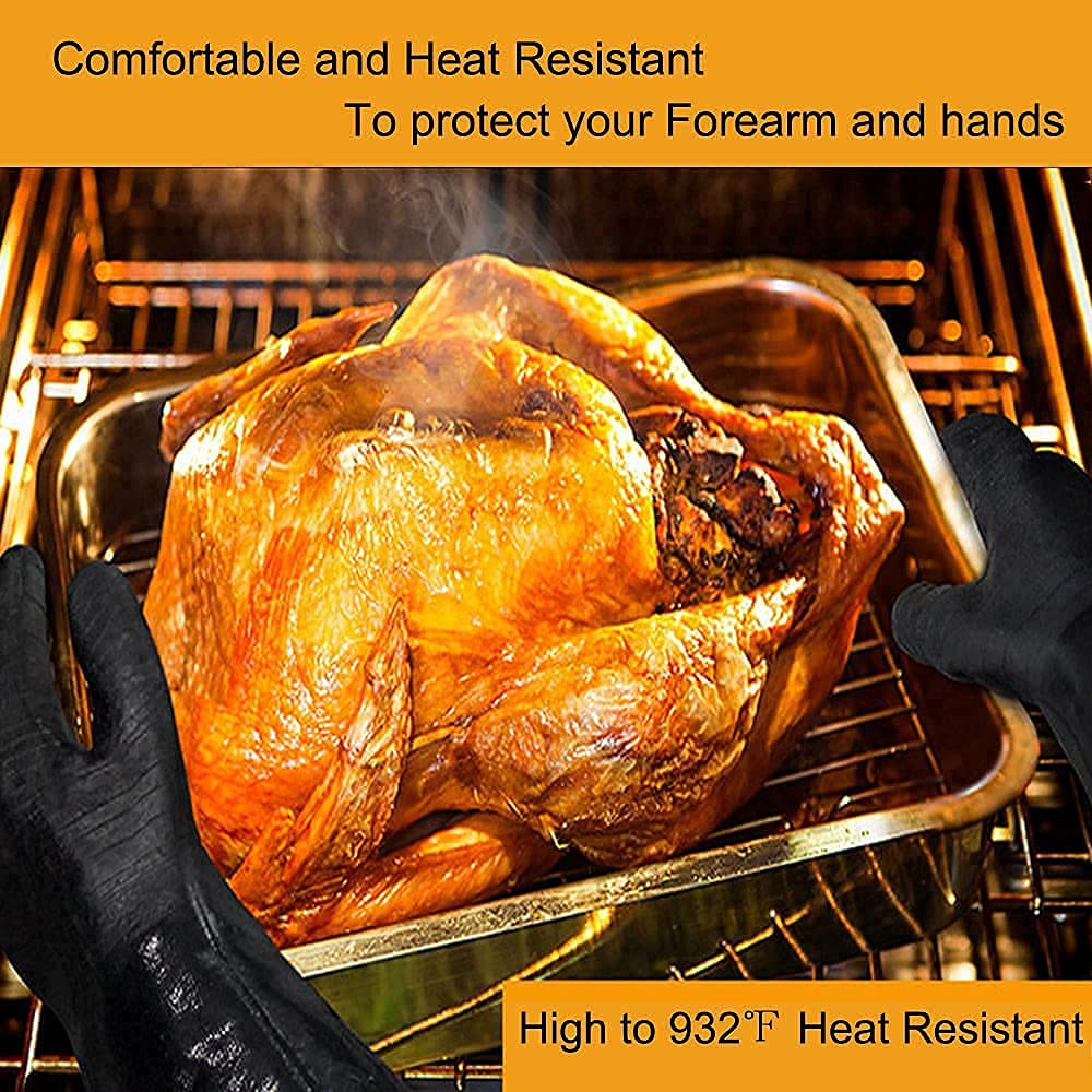 Guantes de barbacoa para freidora de pavo, resistentes al calor, guantes para cocinar a la parrilla, 14 pulgadas, 500.0 °C, a prueba de calor, para horno/ahumador/barbacoa para manejar alimentos