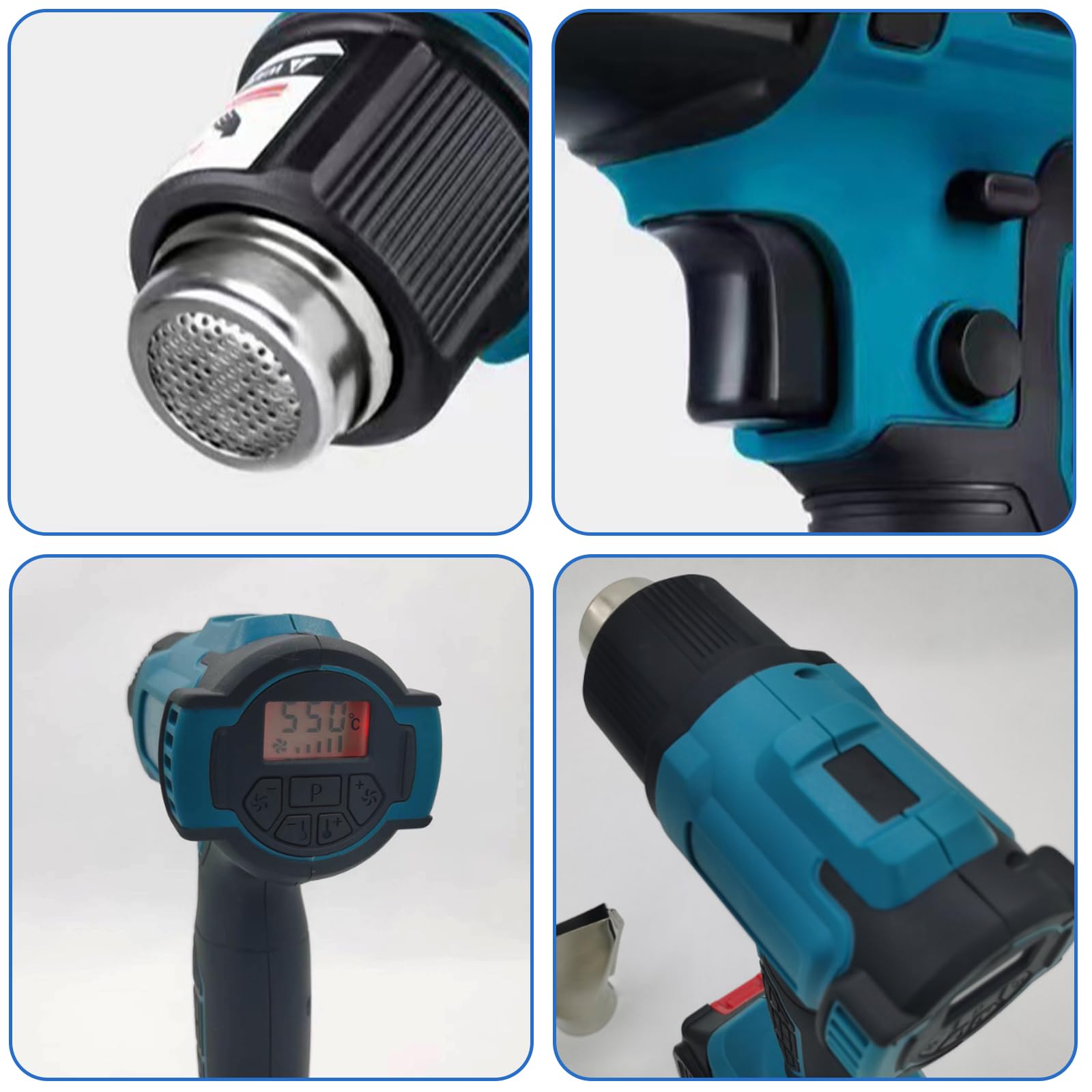 Pistola ad aria calda a batteria per 18 V, 50 – 550 °C, con display LCD e 5 ugelli in acciaio inox, temperatura regolabile e controllo dell'aria, pistola termica per restringimento, rimozione fai da