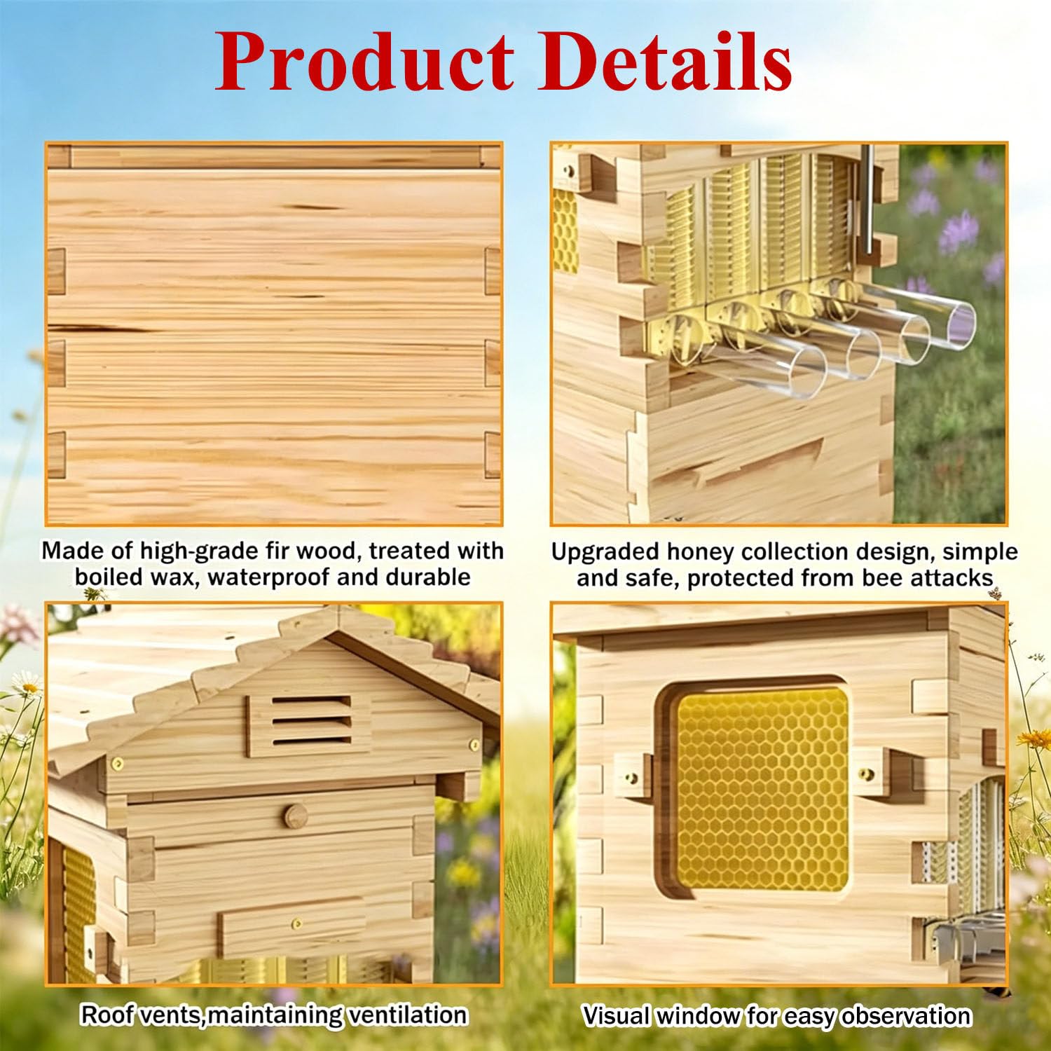 Bienenstock-Starterset, selbstblühender Honigbienenstock, komplettes Imker-Set aus Holz mit 4 Rahmen und 6 Honigwaben, für die Imkerei, Gartenbestäuber