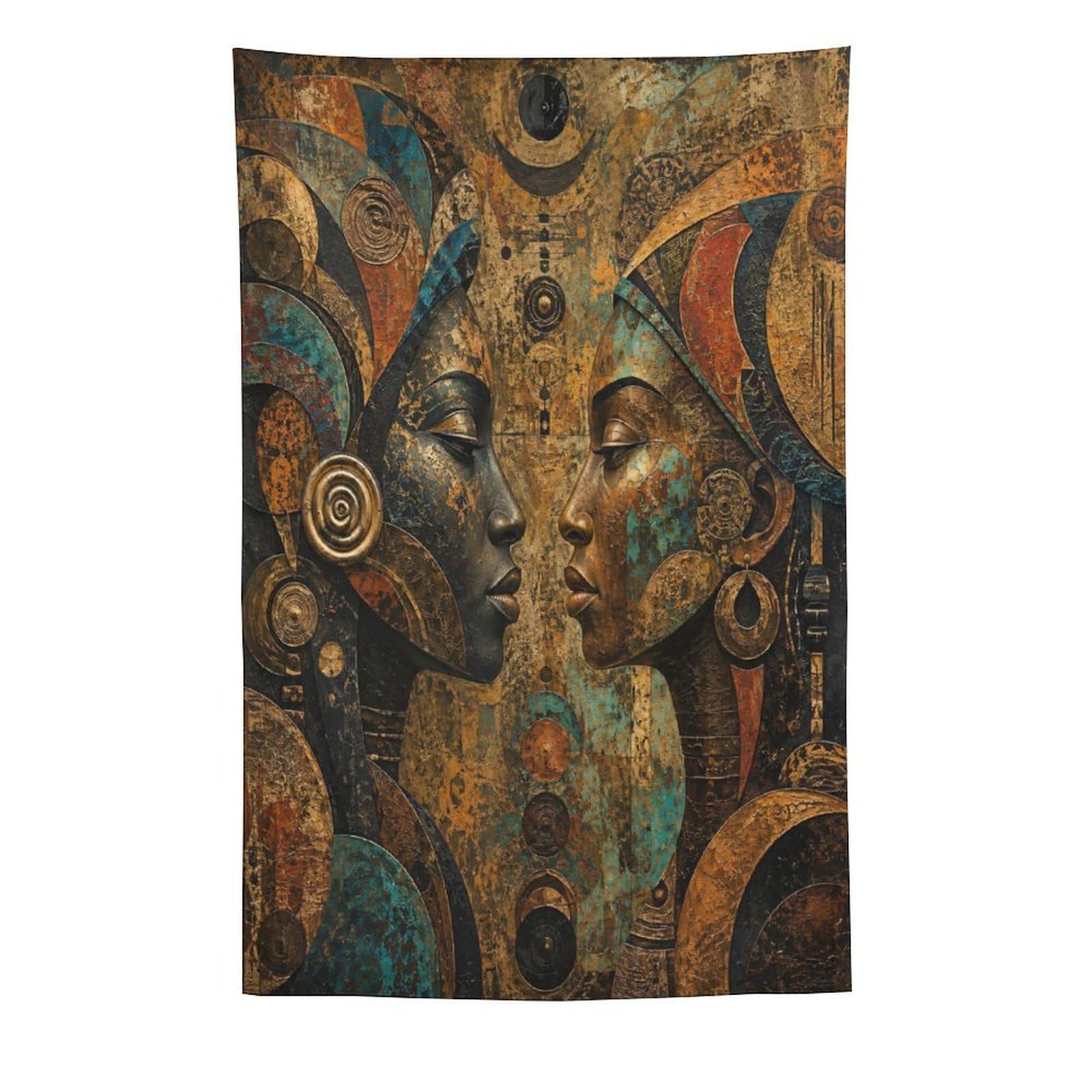 Abstract African Faces Wall Tapestry, Detailed Illustration, Office