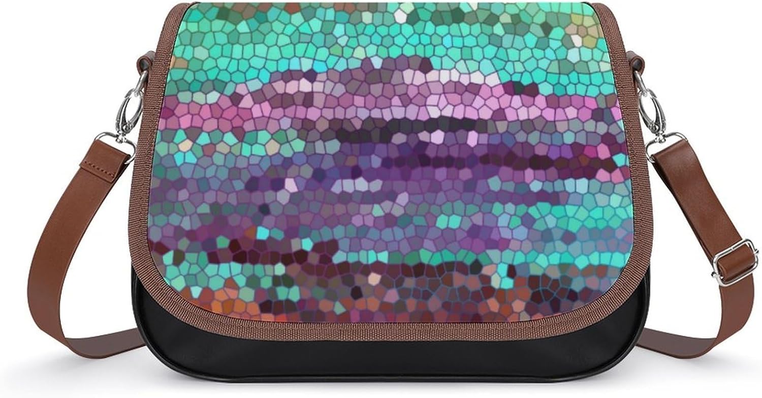 Decorative Mosaic Purple And TealWomen's Faux Leather Crossbody Bag, Waterproof Wrinkle-Resistant Shoulder Bag with Detachable Strap, Large Capacity Casual Handbag, Fashion Daily Purse for Shopping Wo