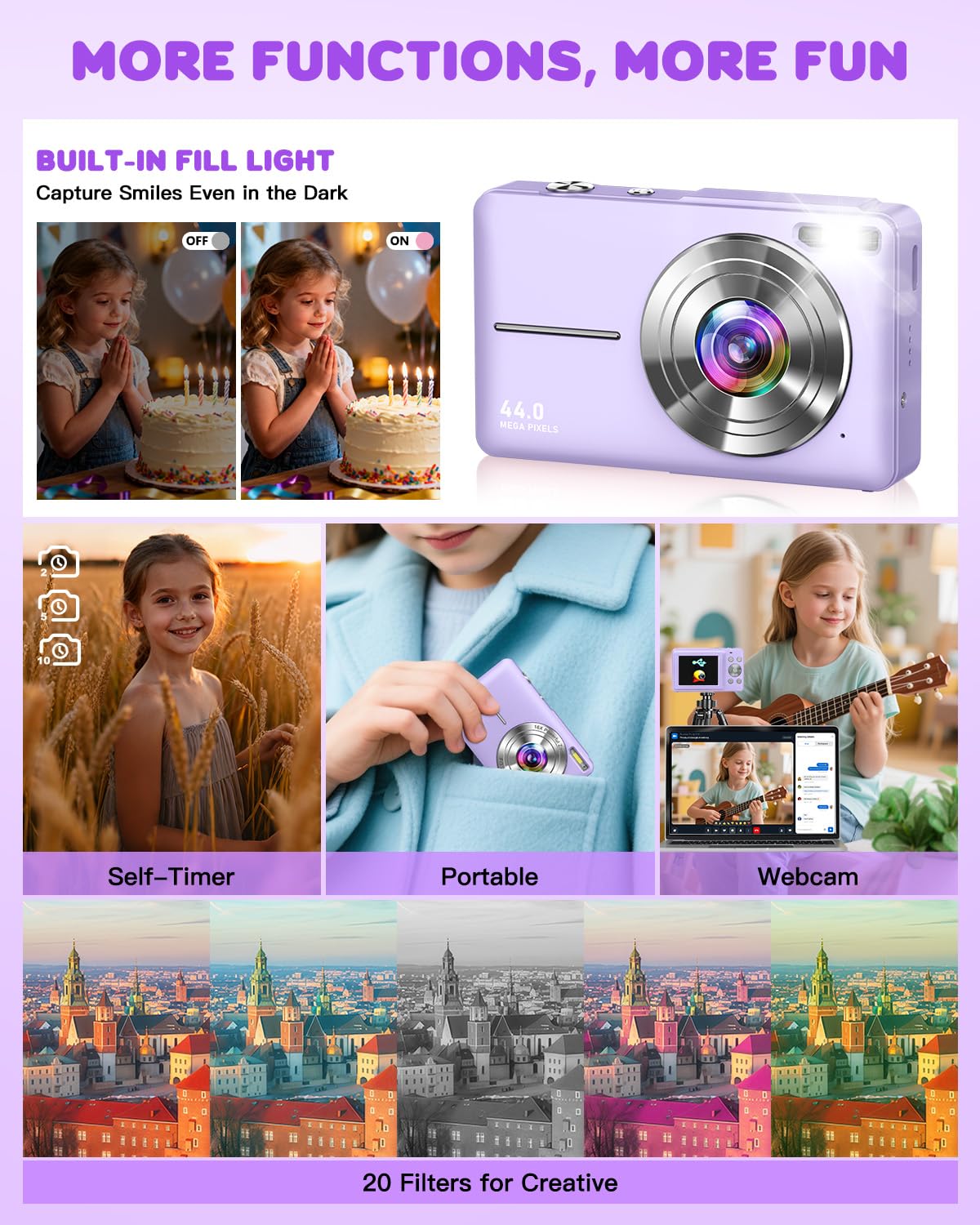 Fotocamera digitale 1080P 44MP, schermo LCD da 2,4 pollici, zoom digitale 16X, funzione selfie e autoscatto, compatta e portatile ideale per vlog, bambini, adolescenti e principianti