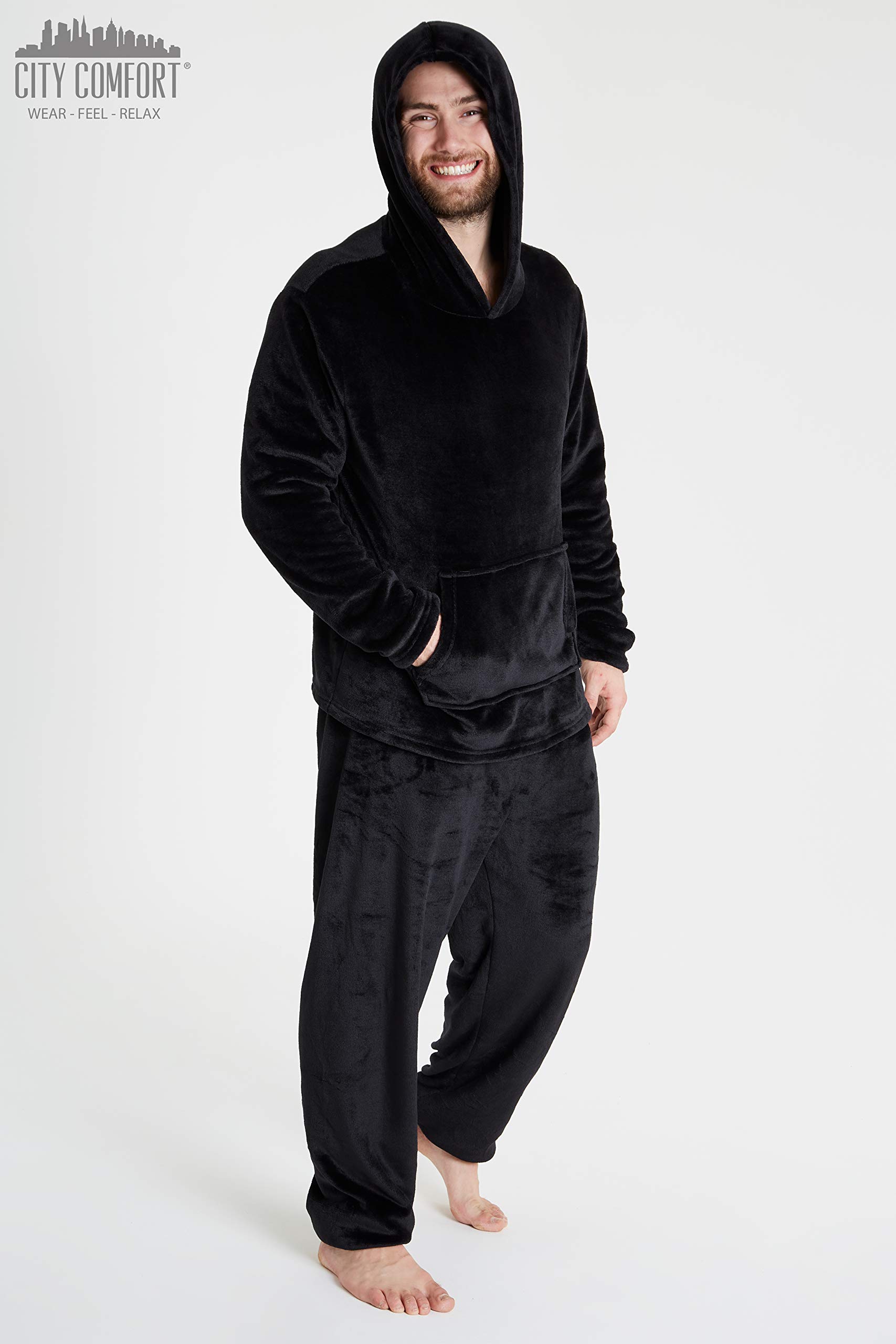 CityComfort Pigiama Uomo Invernale Pile Caldo con Cappuccio, Pigiami Due Pezzi Lunghi M - 2XL, Idee Regalo di Natale