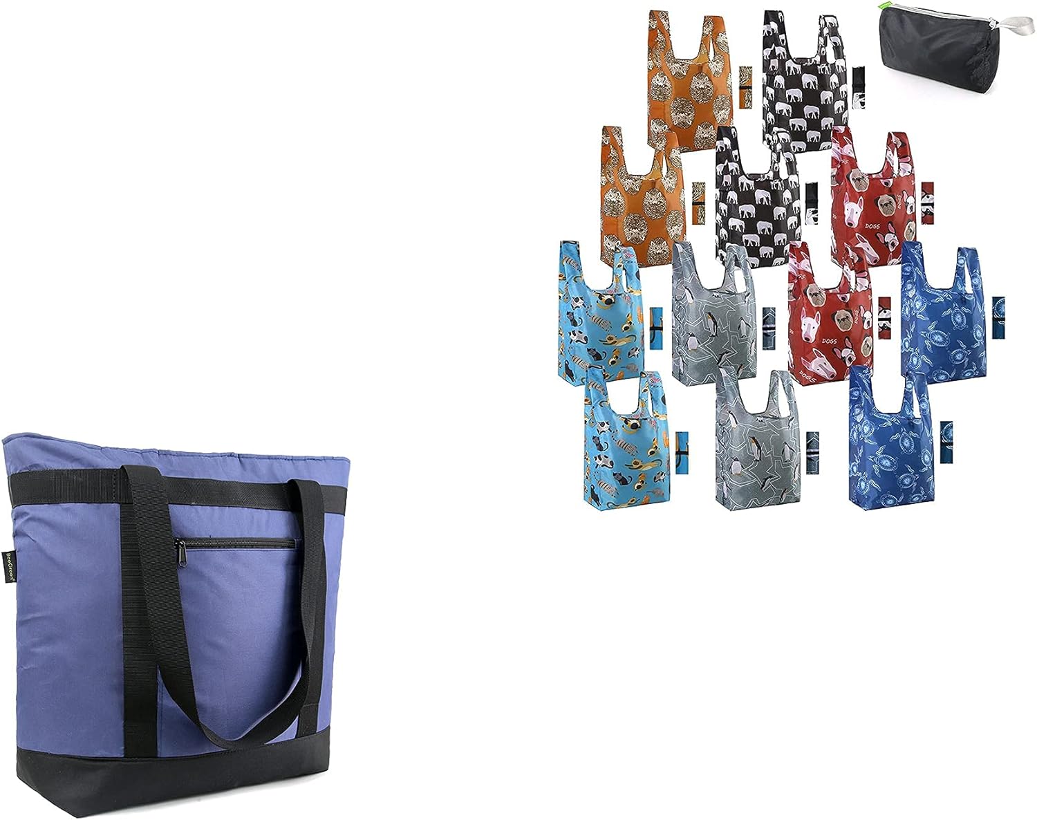 BeeGreen Reusable-Grocery-Bags-Shopping-Totes 12 Pack Animal Bags and Insulated Cooler Bag 1 Pack with Handles Lightweight Recycling Shopping Totes for Groceries Supermarket Durable Portable