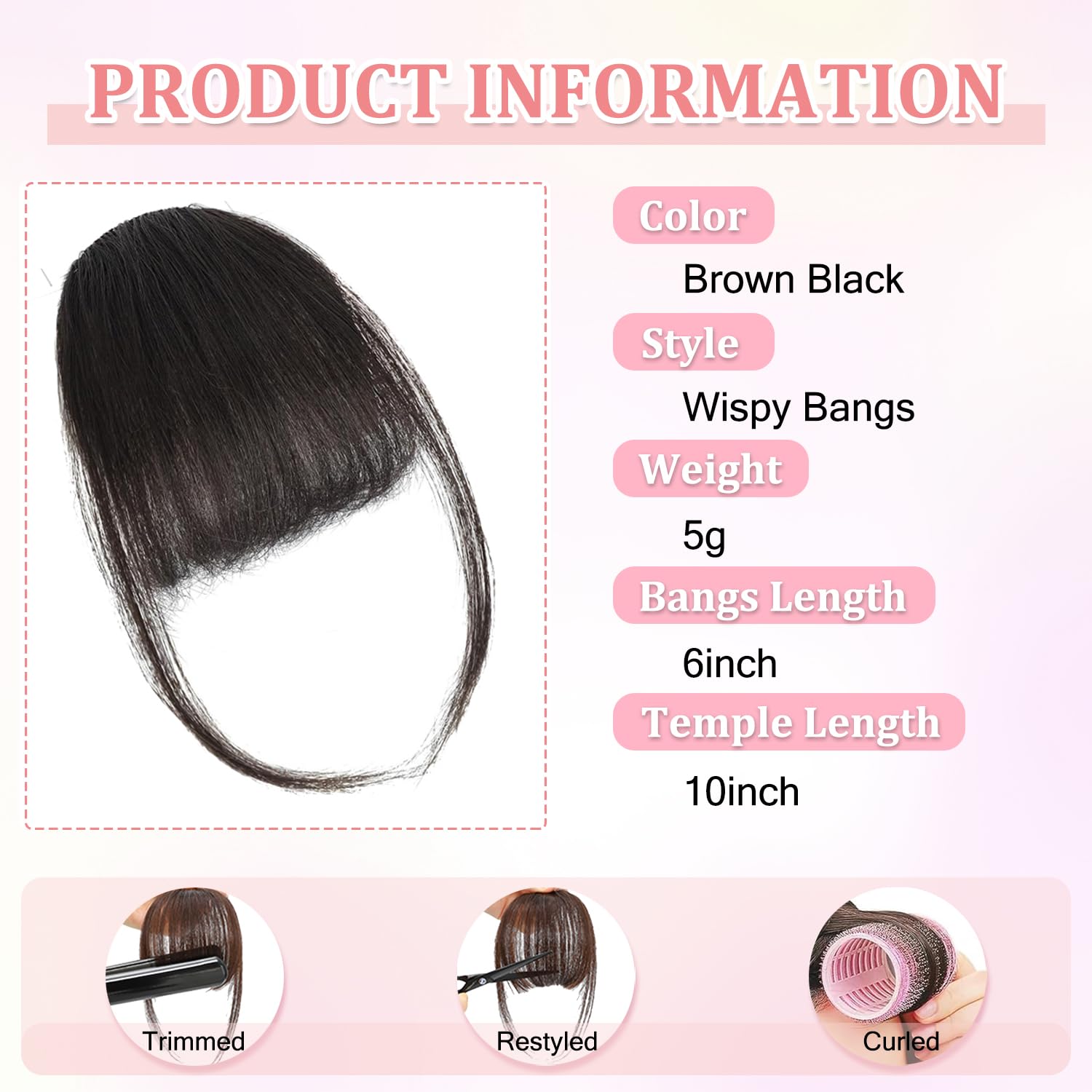 Clip In Fringe 100% Real Human Hair Bangs Hair Clip Thin Bangs On Hairpiece On Air Bangs With Temple Wispy Bangs Hair Extensions for women (Brown Black - Image 2