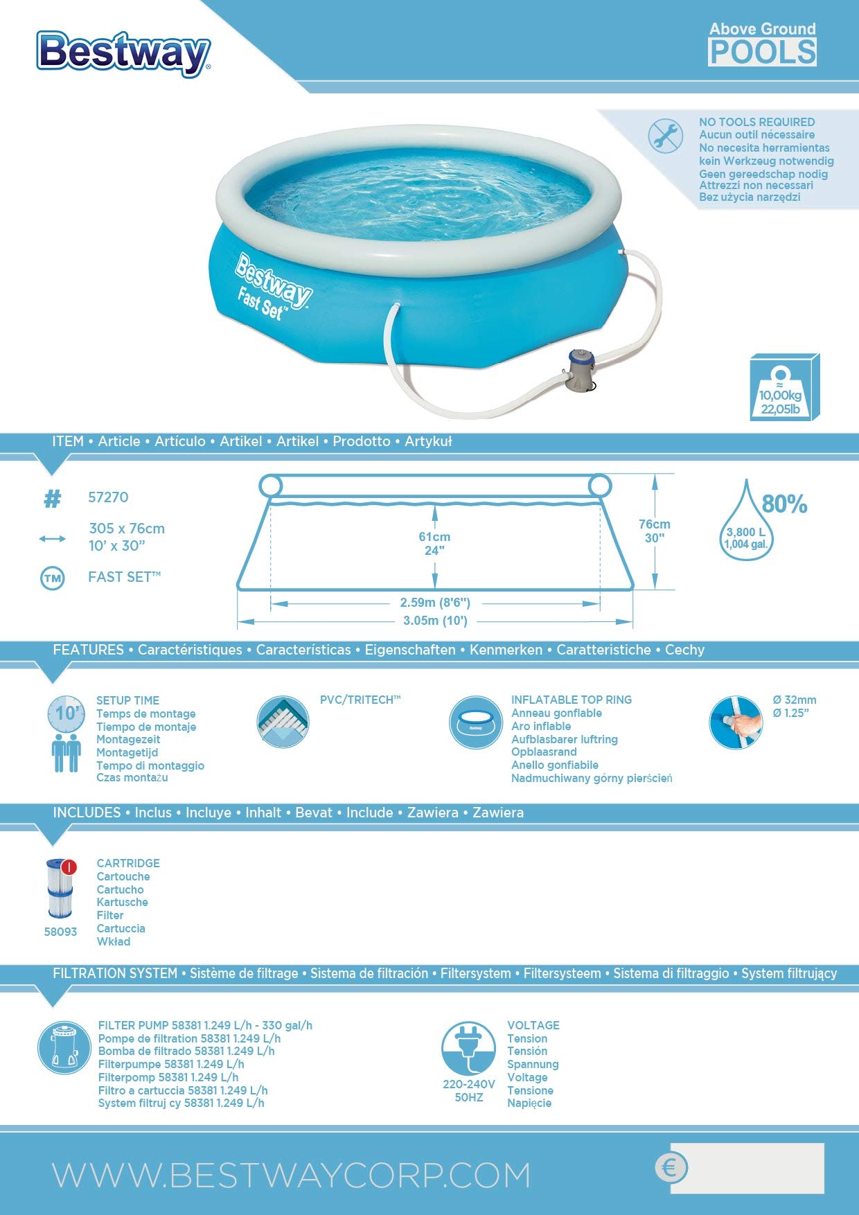Bestway Fast Set Juego de Piscina con Bomba de Filtro, Azul, 305 x 76 cm