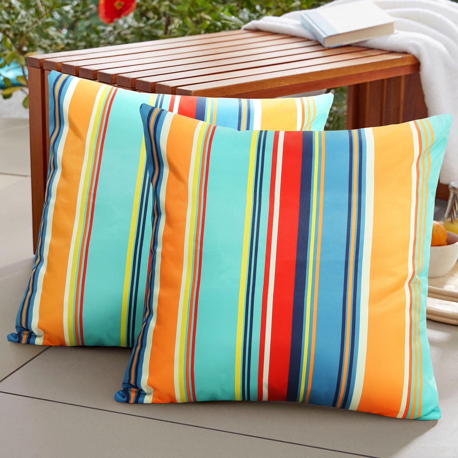 Pyonic Outdoor Waterproof Throw Pillow Covers 20x20 Inches Decorative Lines Striped Pillow Covers Blue Square Cushion Cases for Patio Furniture Tent