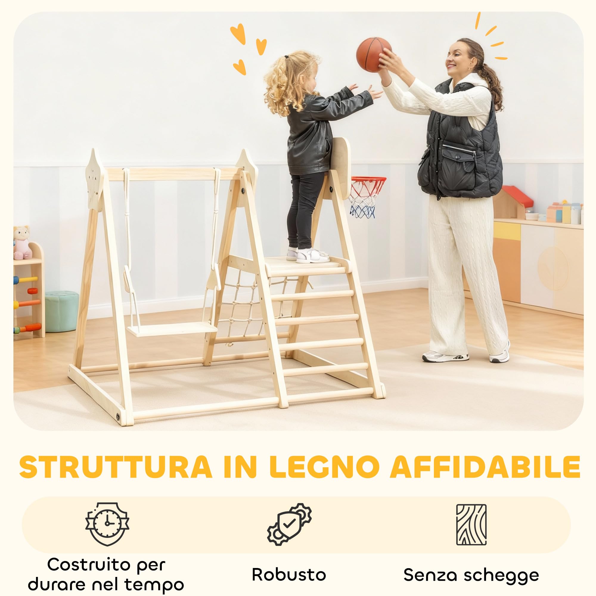 AIYAPLAY Struttura da Arrampicata per Bambini 5 in 1, Parco Giochi in Legno con Scivolo, Pannello e Rete da Arrampicata, Altalena e Canestro, Gioco Montessori Educativi Pieghevole da Interno, 3-6 Anni