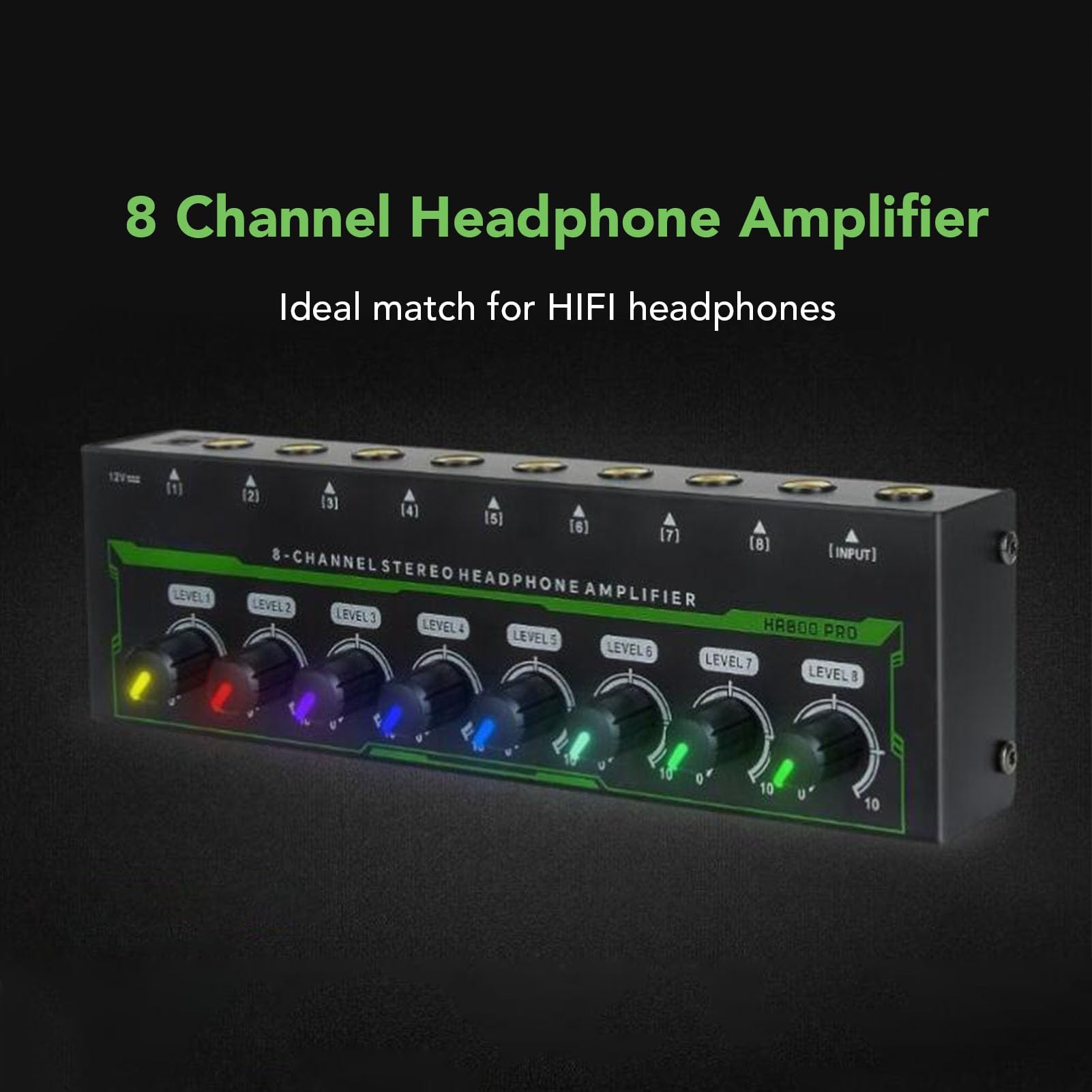 Jectse Amplificatore per Cuffie a 8 Canali, Amplificatore Audio per Cuffie Stereo in Metallo con Jack da 6,35 Mm, Controllo del Volume Multi Porte Splitter per Cuffie per Studi di